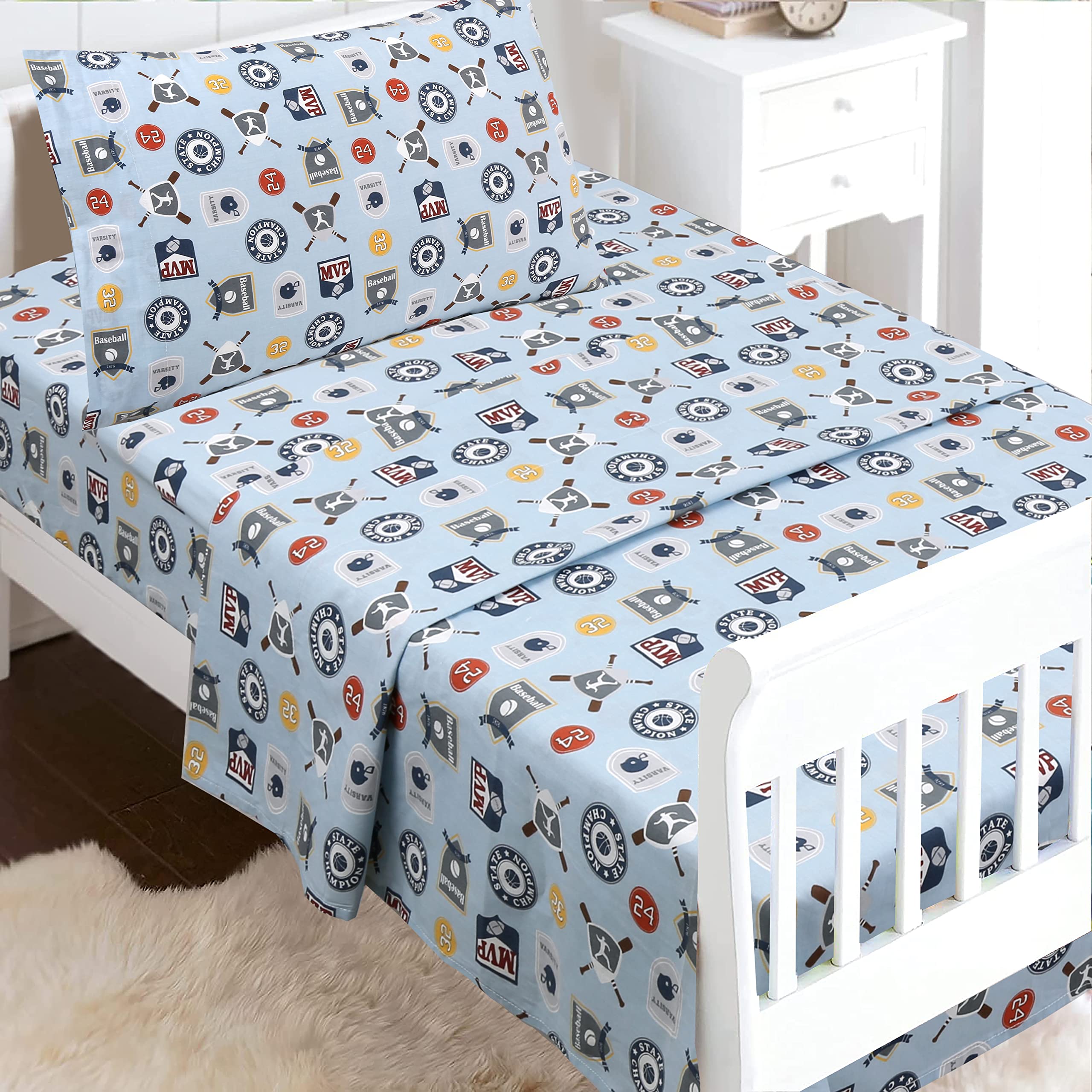 100 Cotton 3 Piece Toddler Sheet Set, Soft Breathable Crib Bedding Set for Boys Includes a Flat Sheet, a Fitted Sheet, a Pillowcase, MVP Sports #32 #24 Basketball Baseball Football