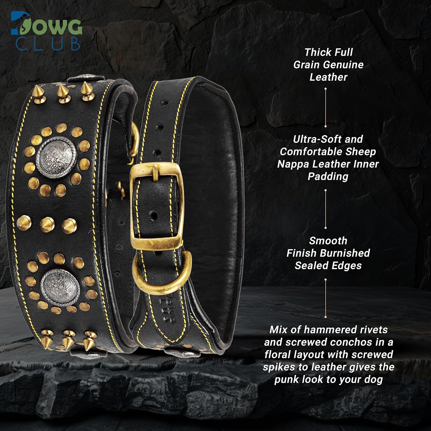 | Punk Series Genuine Leather Dog Collar | Full Grain, Saddle Grade, Heavy Duty | Luxury, Stylish, Comfortable, Best for Medium, Large, XL Breeds | (XL (Fit Neck Size 22"-25.5"), Black)
