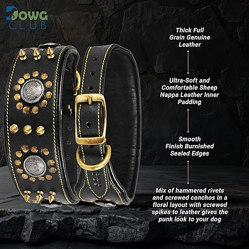 Miniatura 2 de DowgClub Collar de perro de cuero genuino de la serie Punk  Grano completo, grado de sillín resistente, lujoso, elegante, cómodo, mejor para razas