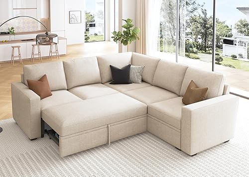 HONBAY Sofá cama modular modular con cama extraíble, sofá en forma de L con asiento de almacenamiento, sofás seccionales convertibles para sala de