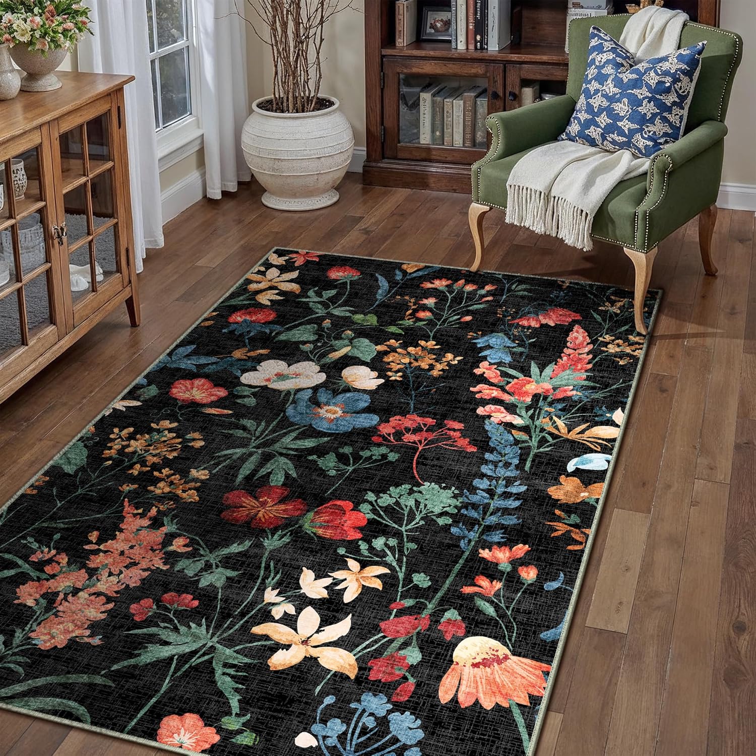 PureCozy Black Area Rug 3x5 Office Floral Boho Door Mat Indoor Washable Kitchen Carpet Non Slip Bedroom Low Pile Lightweight Soft Throw Rug for Living Dining Room Bathroom