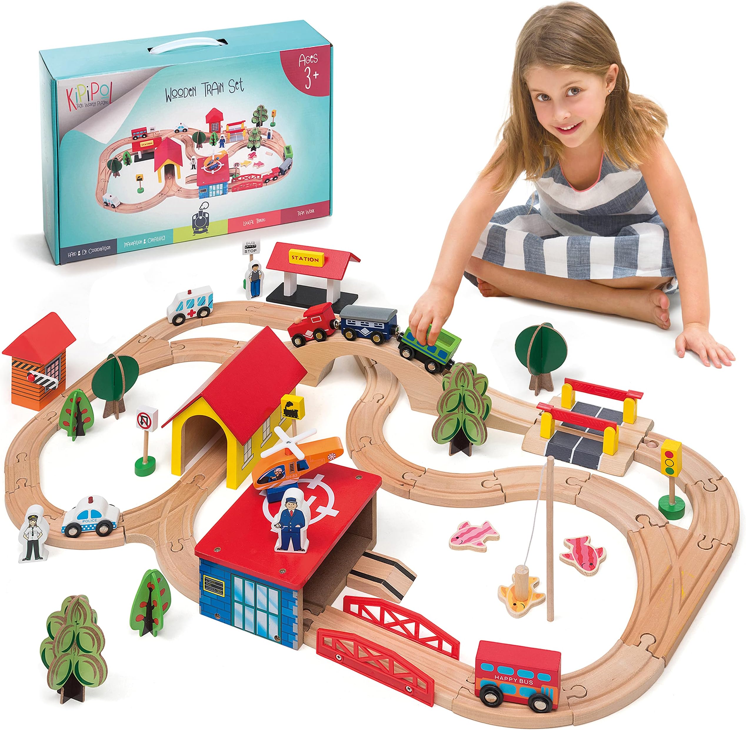 Wooden Train Tracks Set for Kids, Toddler Boys and Girls 3, 4, 5 Years Old and Up - 69 Pieces ‚ Premium Wood Construction Toys - Fits Thomas, Brio, IKEA, Imaginarium, Melissa and Doug