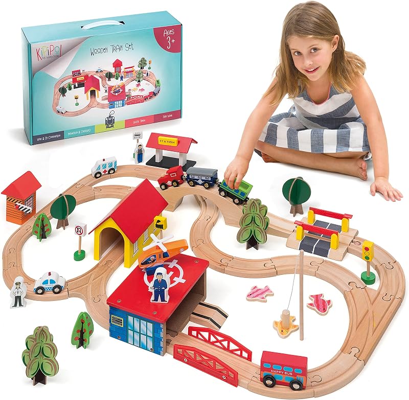 Juego de trenes de madera KipiPol - 69 piezas Trenes y vías de tren de madera para niños, niños pequeños y niñas de 3,4,5 años y mayores - Juguetes de construcción de madera premium - Se adapta a Thomas, Brio, IKEA, Melissa y Doug