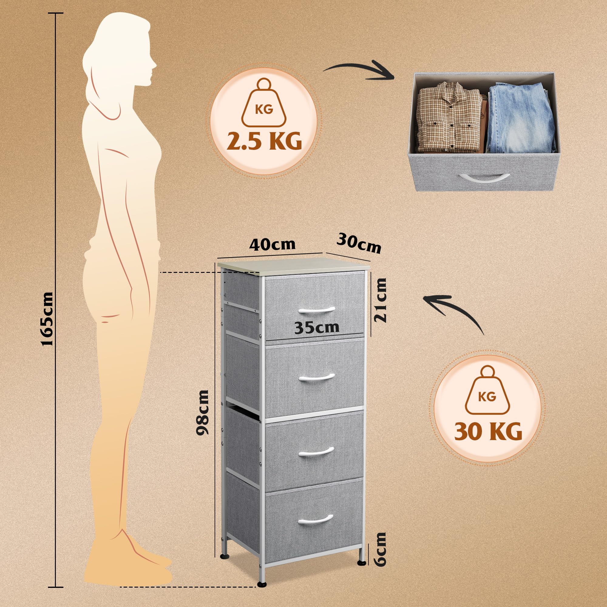 WLIVE Commode en Tissu avec Tiroirs pour Chambre à Coucher, Armoire en Tour avec Structure en Acier, Adaptée pour Le Salon, la Chambre d’Enfants (Gris Clair, 4 Tiroirs)