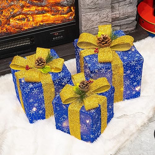 Miniatura 3 de FUNPENY Set of 3 Christmas Lighted Gift Boxes, 50 LED Christmas Box Decorations, Presents Boxes with Ribbon Bows for Xmas Tree, Yard, Home, Indoor