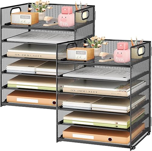 Miniatura 14 de Subekyu Organizador de Papel de 6 Niveles para Escritorio con Asa, Organizador Clasificador de Accesorios para Archivos de Oficina de Malla
