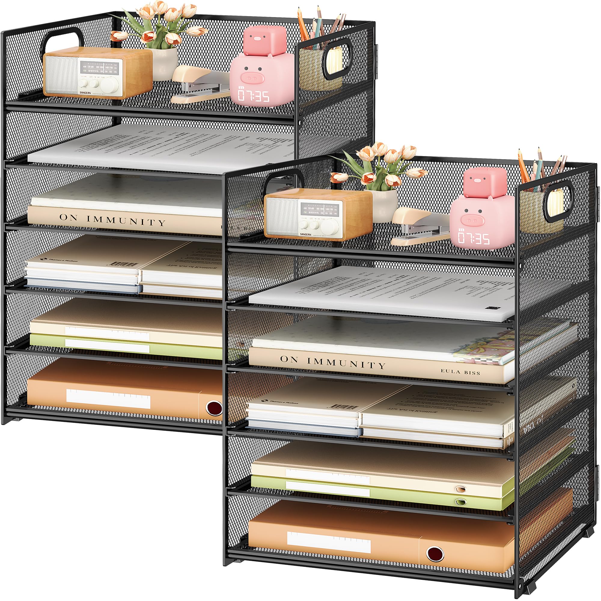 SUBEKYU 2-Pack 6-Tier Paper Tray Organizer for Desk - Black Mesh File Folder Sorter with Handles, Desk Letter Holder for Office, Home, School Supplies Storage & Organization