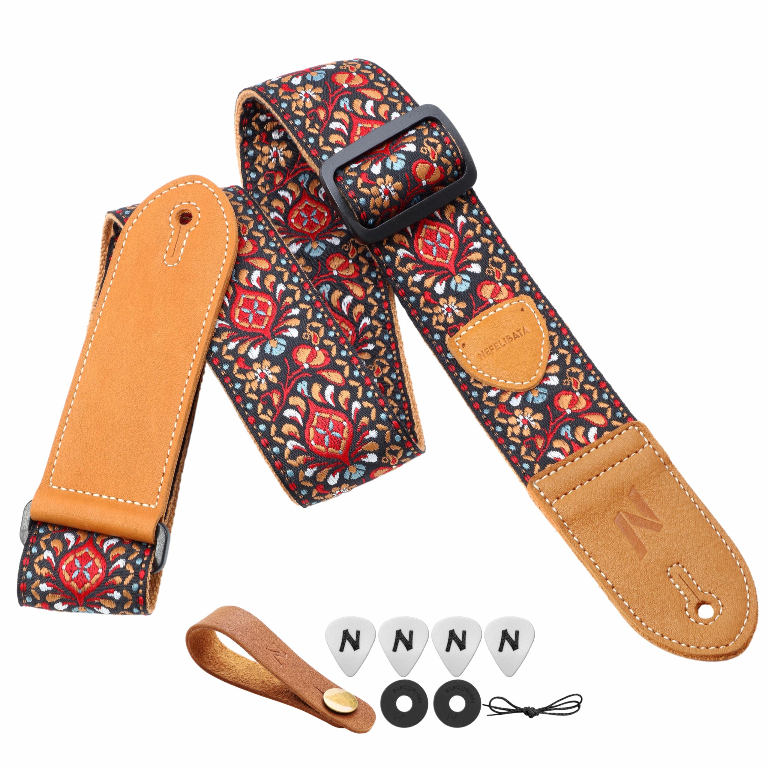 NefelibataGuitar Strap,Double leather ends,Vintage Woven W/FREE BONUS-4 Picks+Strap Locks+Strap Button,Best Gift For Bass,Electric&Acoustic Guitars for Guitar(Vintage red yellow embroidery)