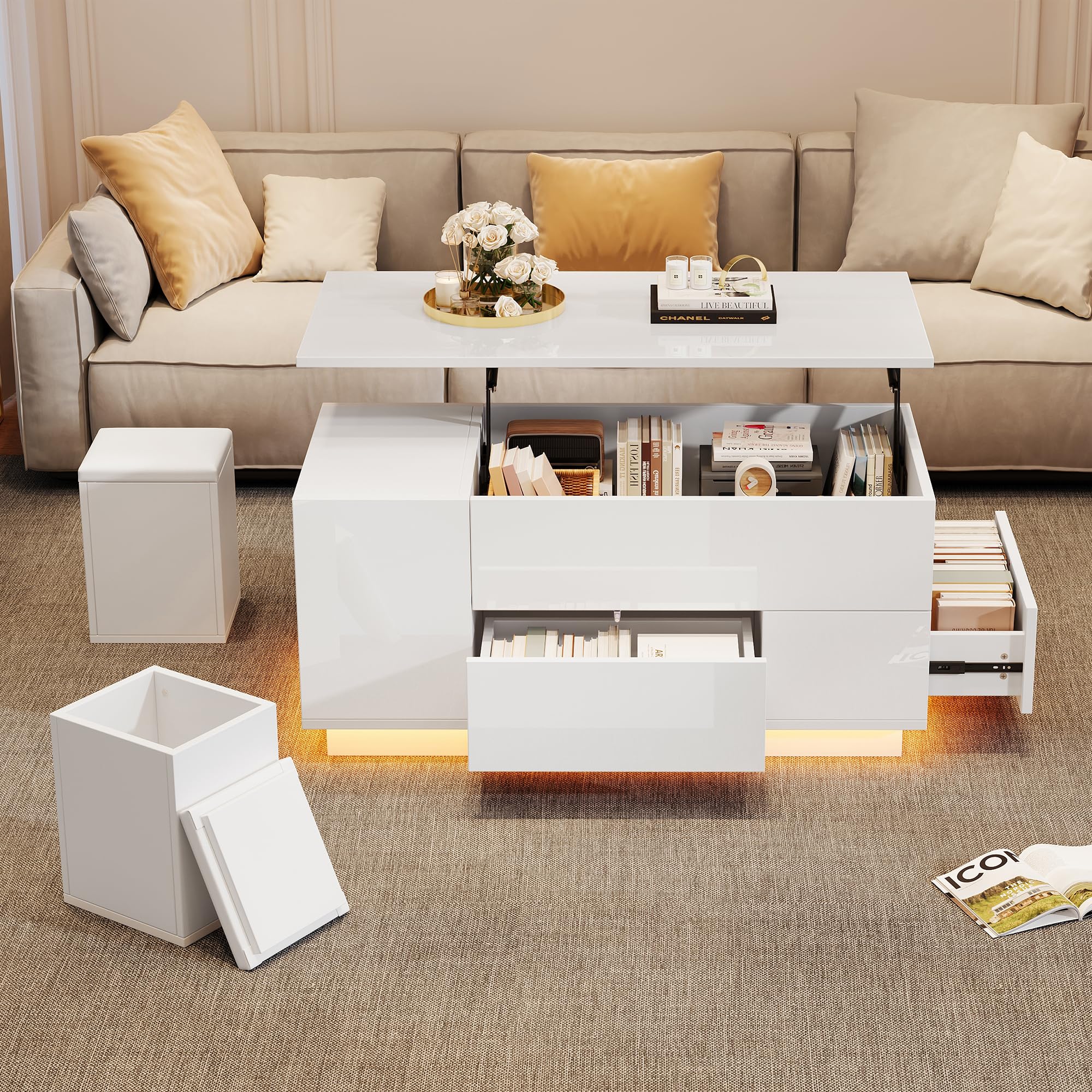 BTM Coffee Table 4-in-1 Height-Adjustable Sofa Table with LED, Coffee Table with 2 Drawers, High-Gloss Table with Sofa and 2 Stools, Side Table with Hidden Storage Space, 100 * 50 * 45cm