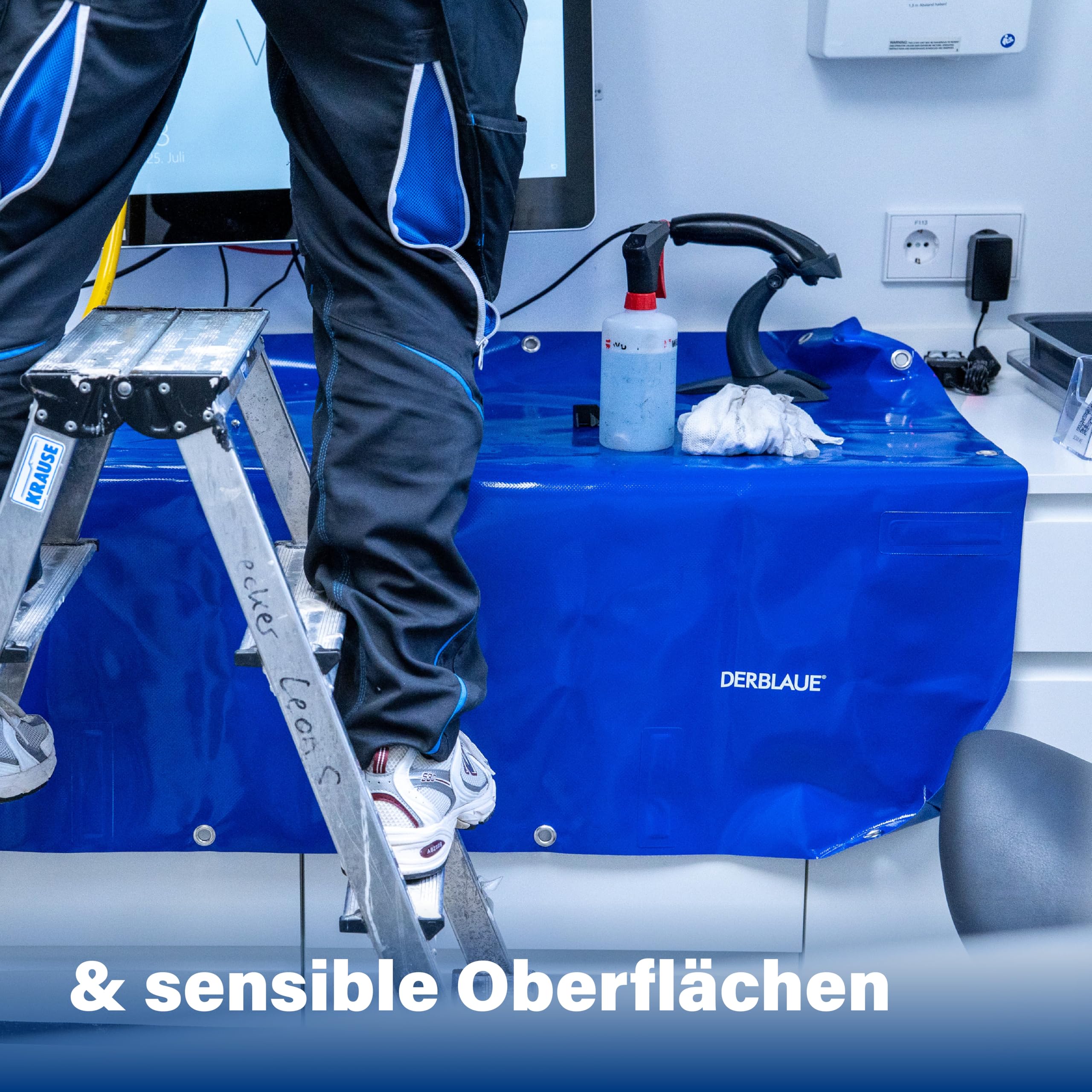 DerBlaue® Unterlegwanne – Faltbare Schutz- und Auffangwanne für SHK, Werkstatt & Baustelle, robuster Auslaufschutz für Schmutzwasser und Öl, Werkzeugablage & Umgebungsschutz (110 cm x 85 cm)