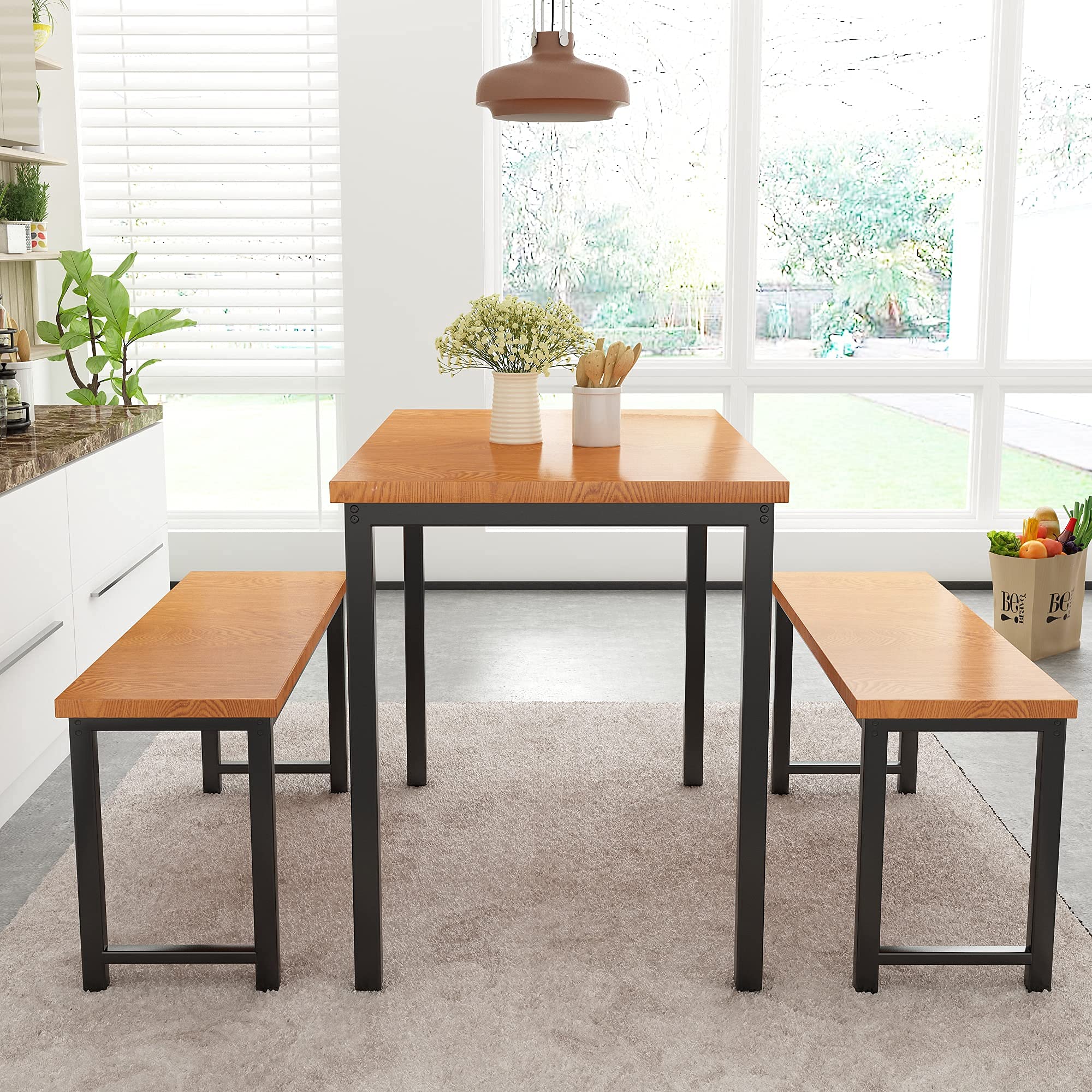 テーブル・チェア・ハンモック Wood Kitchen Table 2 HCT-024-1 3-Piece Wood Dining Table Set with 2 X-back Chairs and Drop