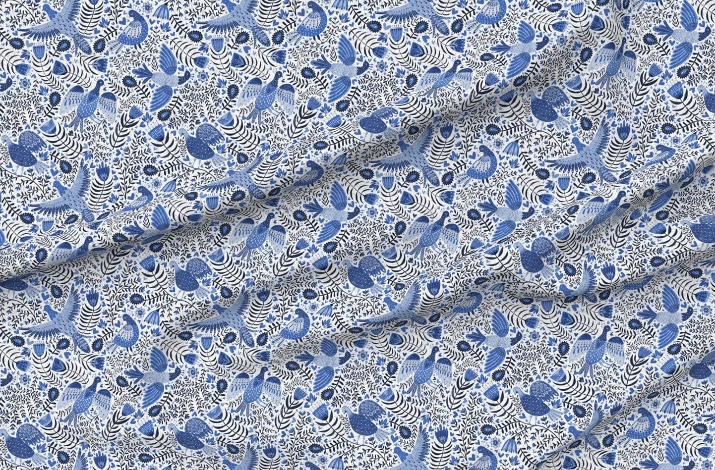 Spoonflower Fabric - Scandinavian Birds Indigo Blue White Swedish Folk Art Color Flowers Printed on Organic Cotton Sateen Fabric by The Yard - Sewing Quilting Apparel Home Decor