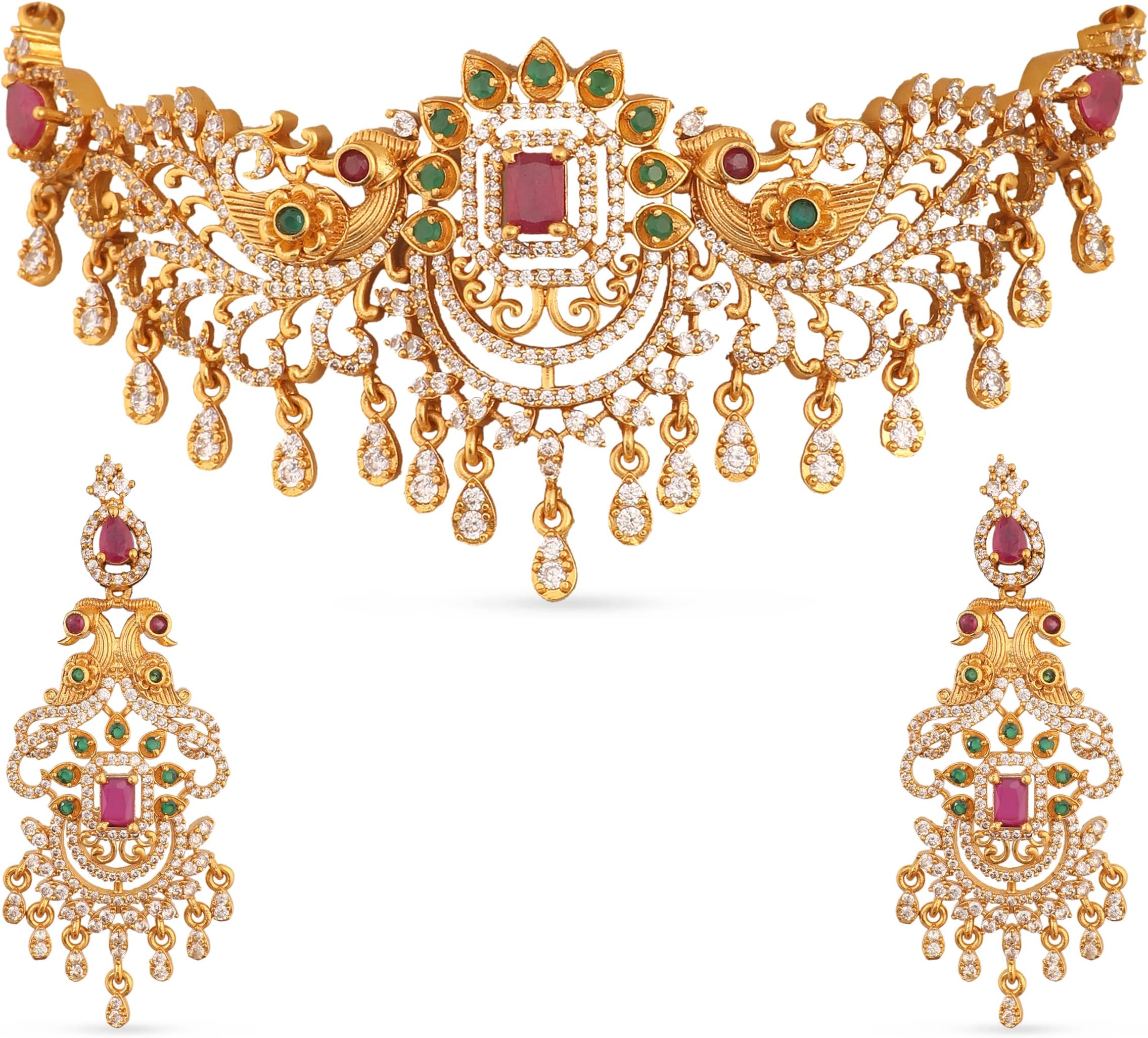 Brass Indian Choker Necklace Set - Gold Plated Cubic Zirconia Indian Jewelry Sets for Women Dangle, Drop, Jhumka Earrings Traditional Desi Necklace Pearls Gift for her