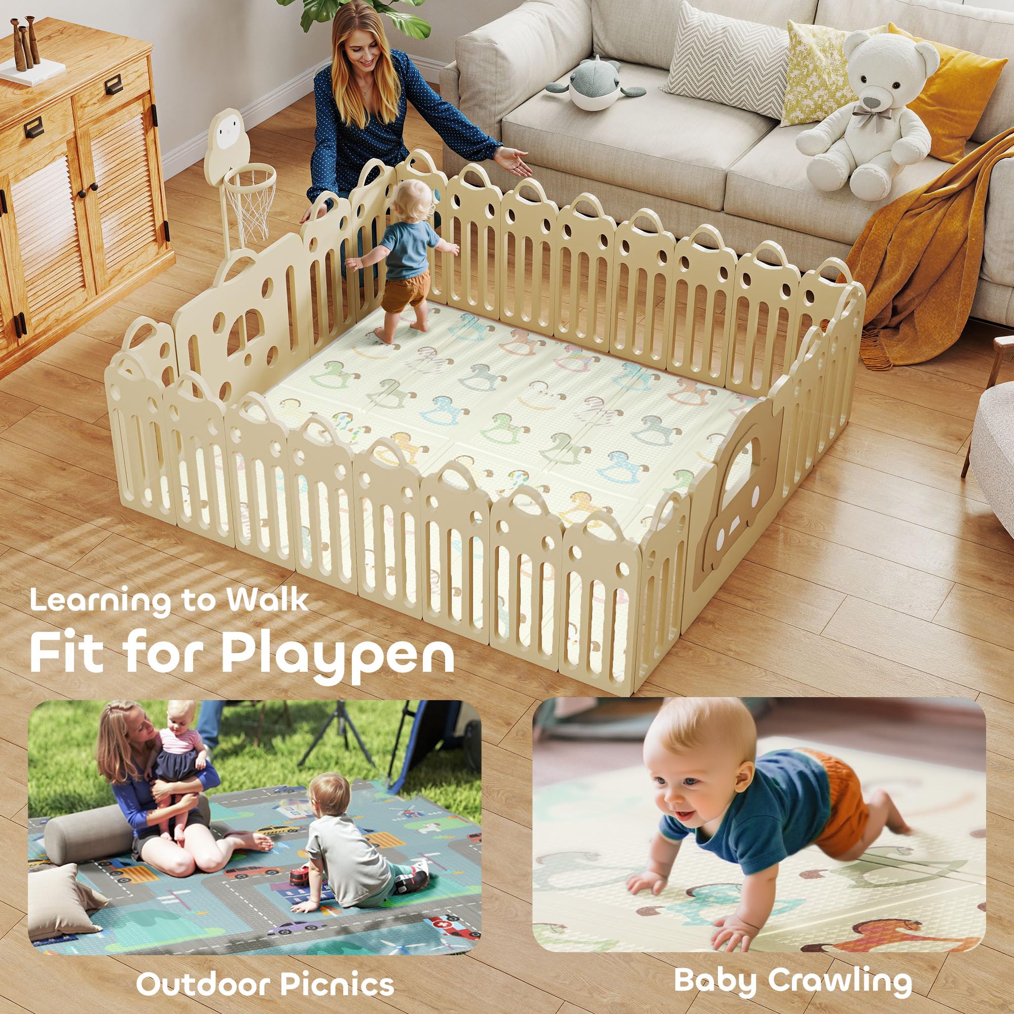 AIYAPLAY Doppelseitige faltbare Babymatte wendbar 200x180 cm | Wasserabweisend, Große Schaumstoffmatte, Schlafzimmer, Kinderzimmer, Verkehrs- und Schaukelpferd-Thema
