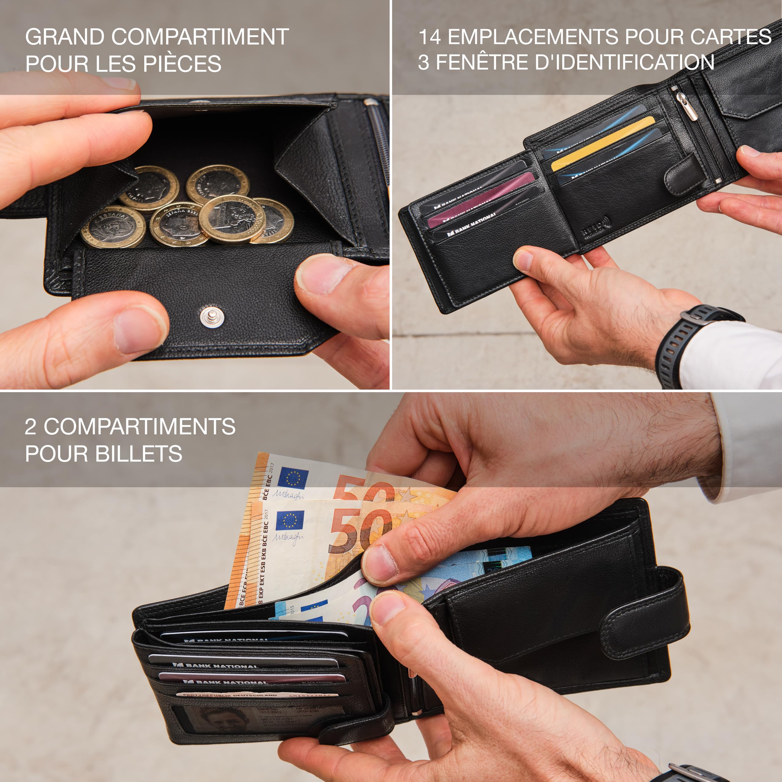 HansGo Portefeuille Homme Cuir Veritable - Portefeuilles et Portecarte avec Blocage RFID- Porte Monnaie Homme - Grande Capacite Poche à Glissière Pièces de Monnaie – Porte Carte Bancaire.