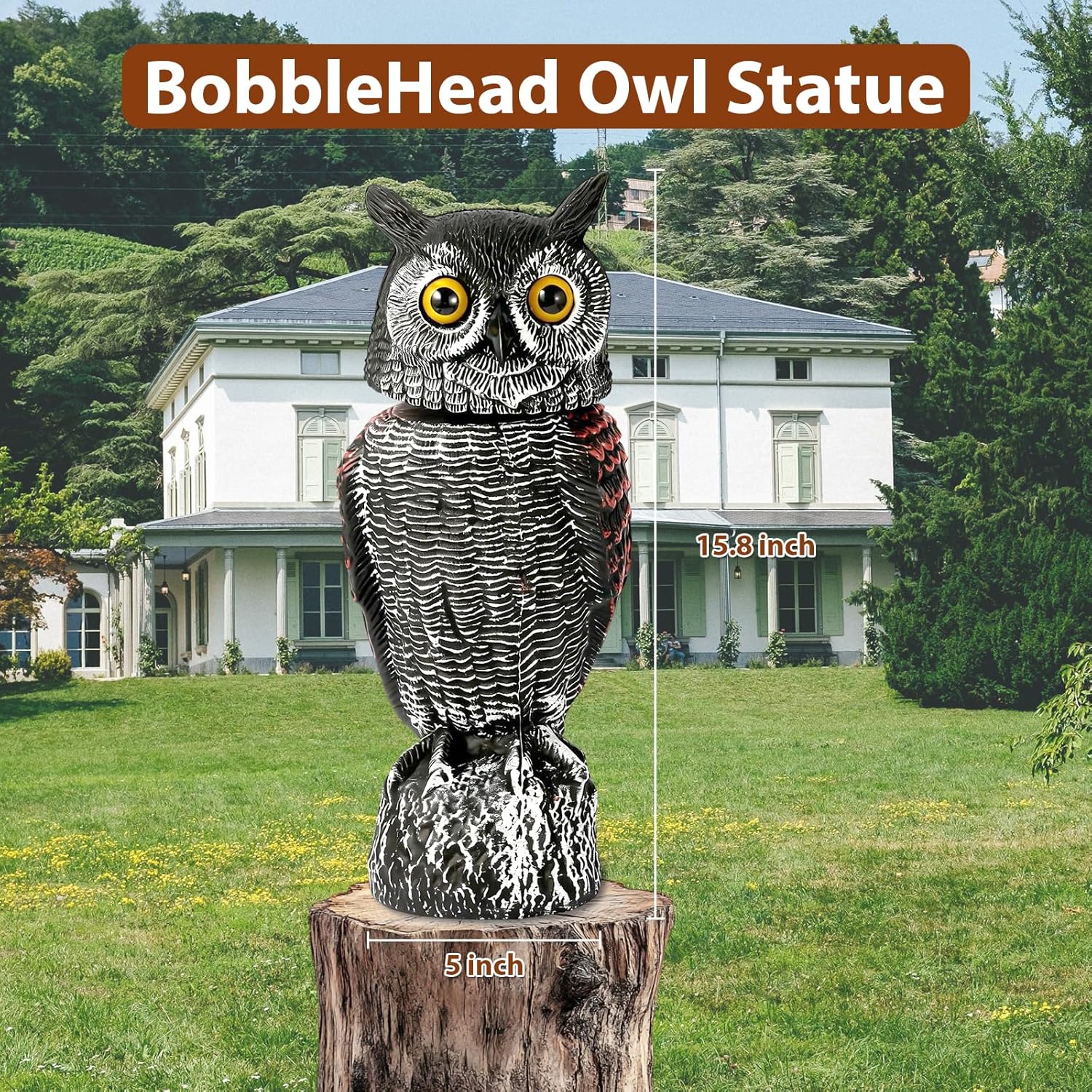 Fake Owl Decoys to Scare Birds Away-15.8 Inch, 2 Pack Rotating Head Sculptures, Nature Enemy Scarecrow Plastic Owl Statues, Bird Control and Pigeon Deterrent Outdoor for Outside, Patio, Yard