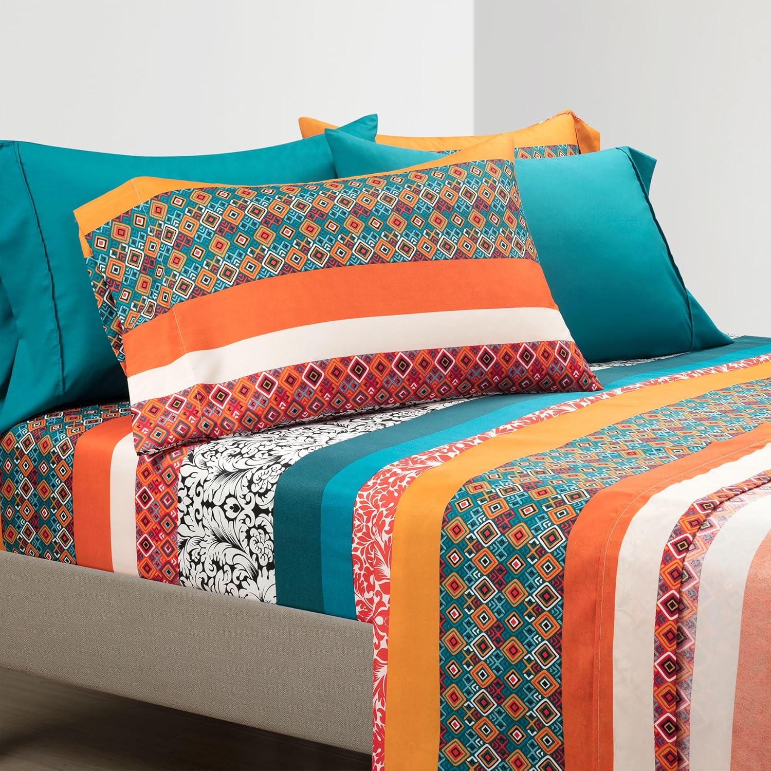 Lush Decor Boho Stripe Soft Sheet 6 Piece Set, King, Turquoise & Tangerine