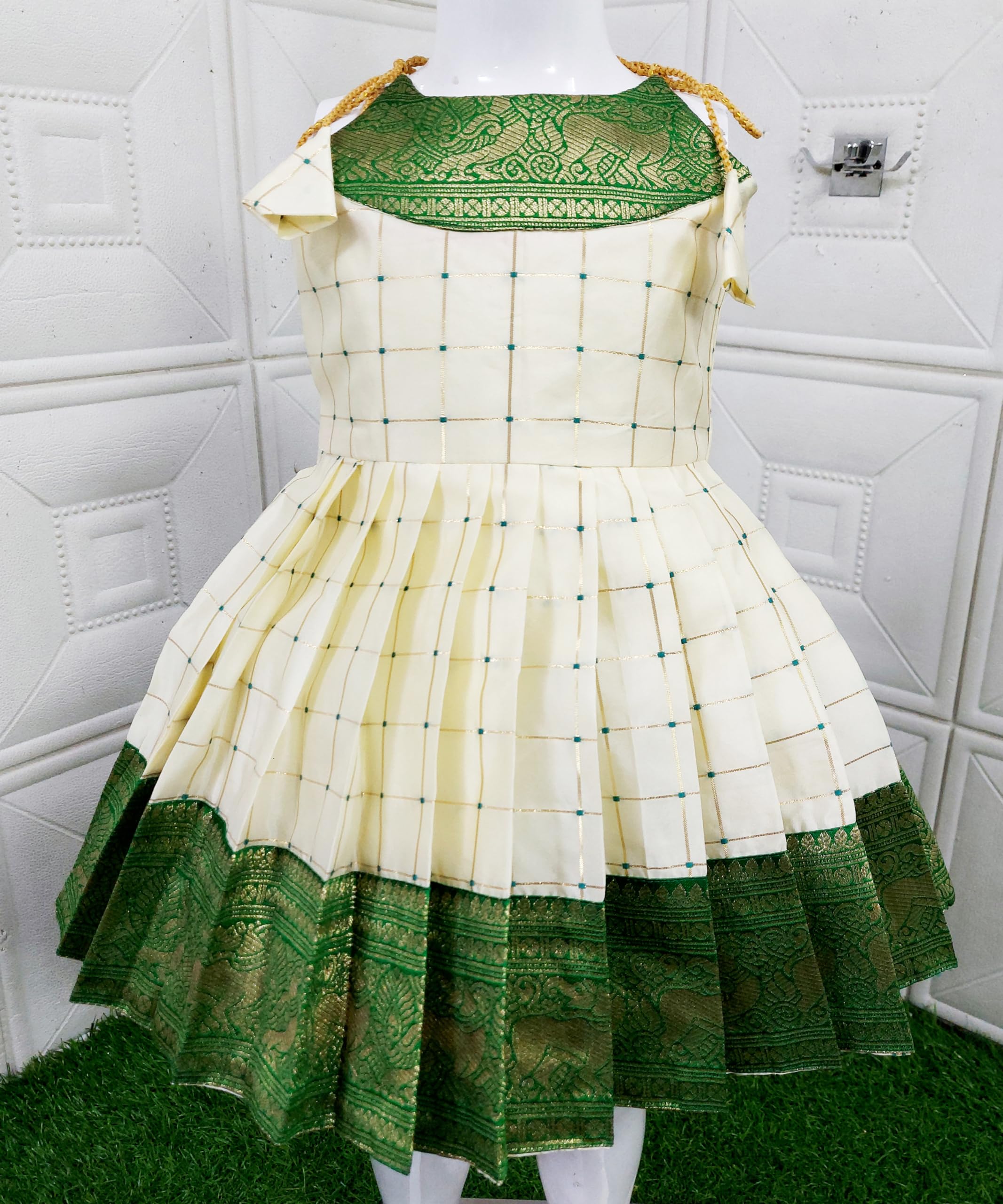 FELIZ THE DESIGNER STUDIO South Indian Traditional Pattu Pavadai Tapeta Silk Frock Green Knee-Length Dress For Baby Girls, 18-24 Months