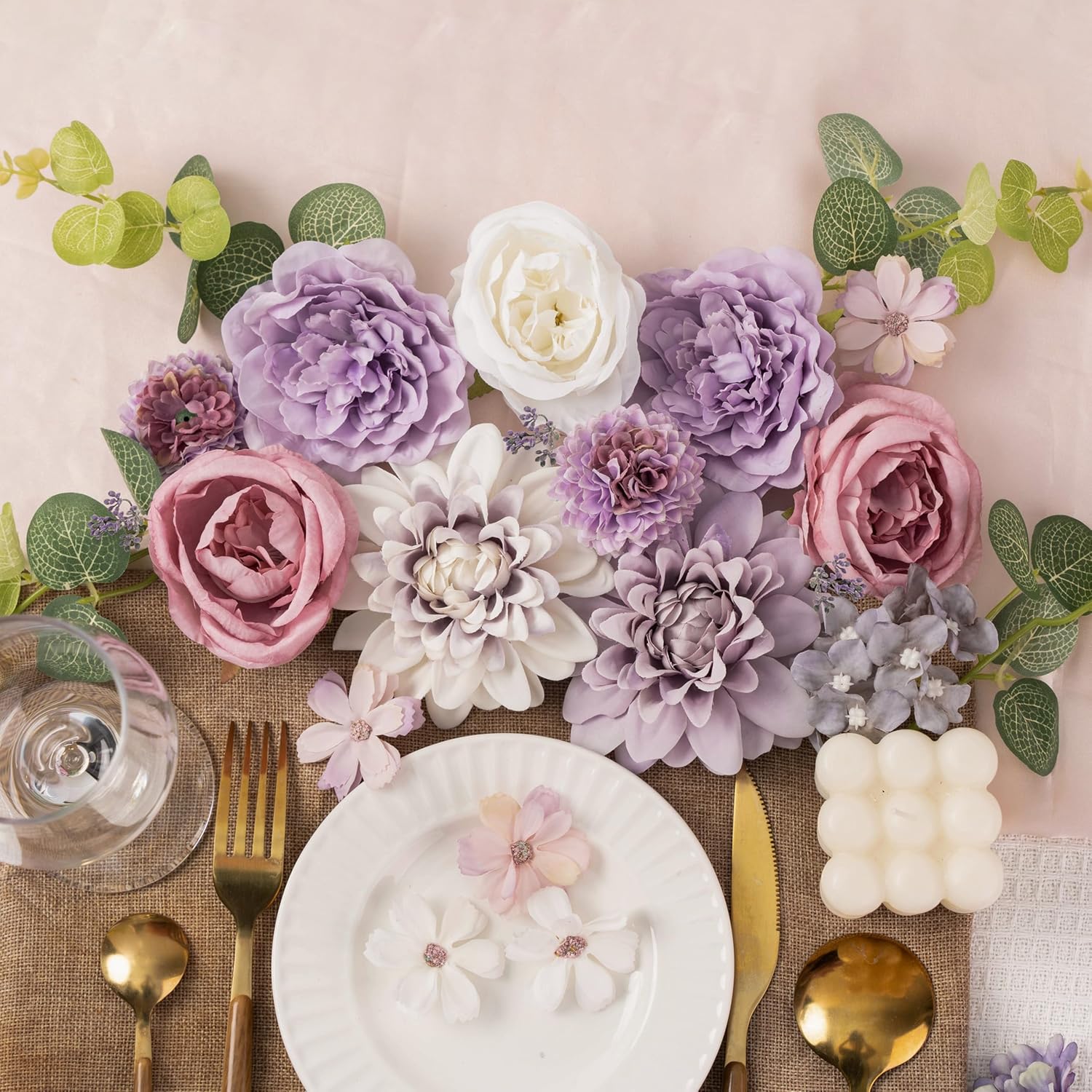 30 Pcs Artificial Flowers Combo Purple Flowers Mix Silk Flowers Dahlia Roses with Stems for DIY Wedding Bridal Bouquets, Baby Shower, Floral Arrangement, Table Centerpieces, Home Decorations - Image 3