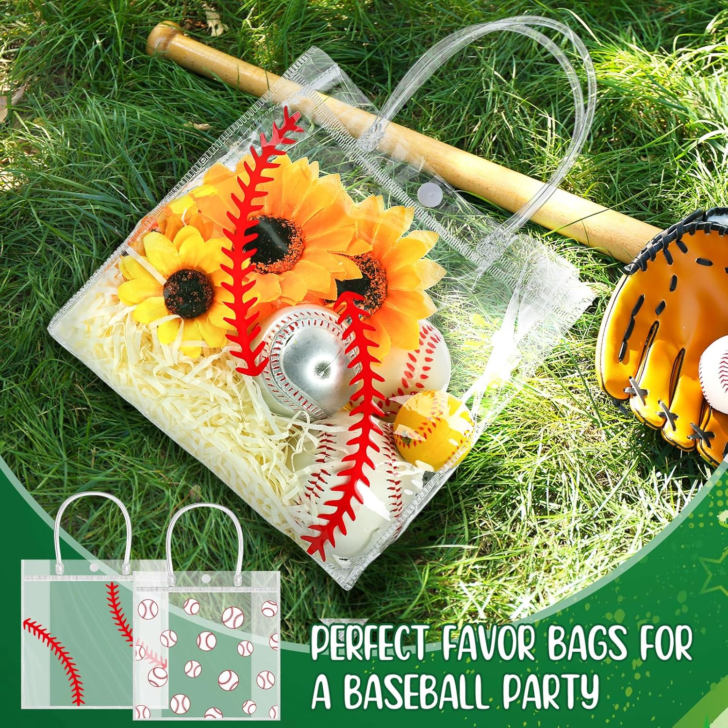Kosiz 24 Pcs Baseball Clear PVC Gift Goodie Bags with Handles Baseball Theme Party Favor Snack Candy Treat Tote Bag Bulk for Team Gifts Birthday Decorations Supplies, 7.87 x 7.87 x 3.14 Inch - Image 5