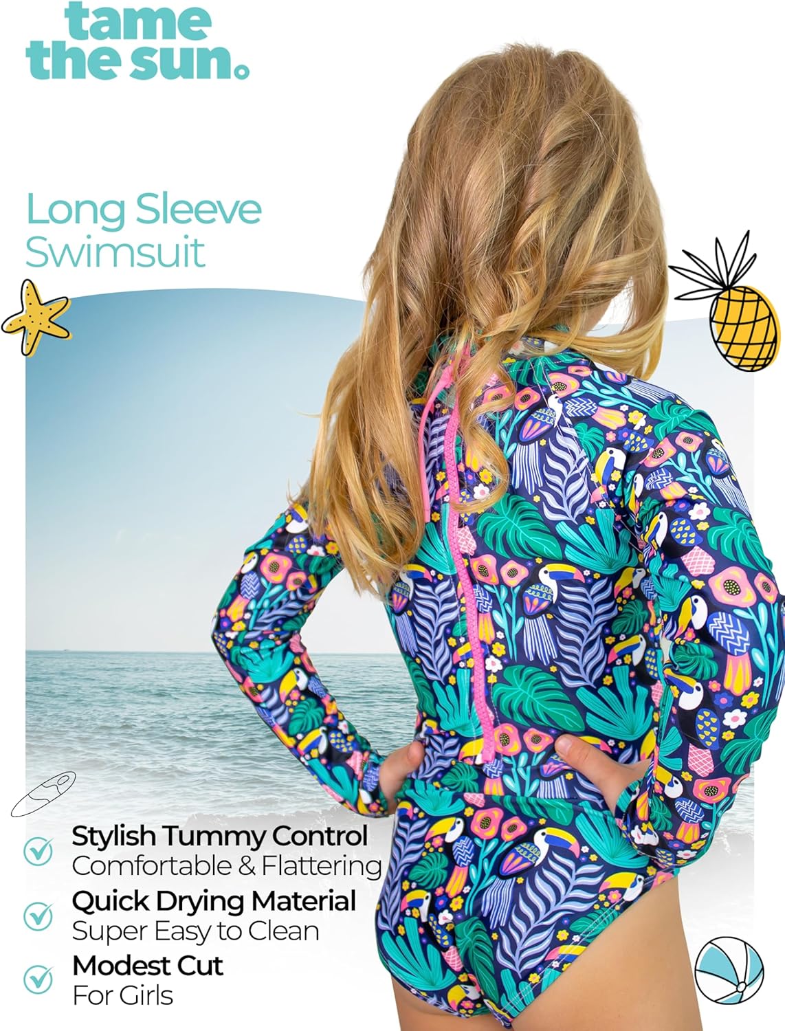 Tame the Sun Girls Swimsuit - One Piece Girl Bathing Suit - UPF+ Rash Guard Swimsuits for Girls with UV Protection