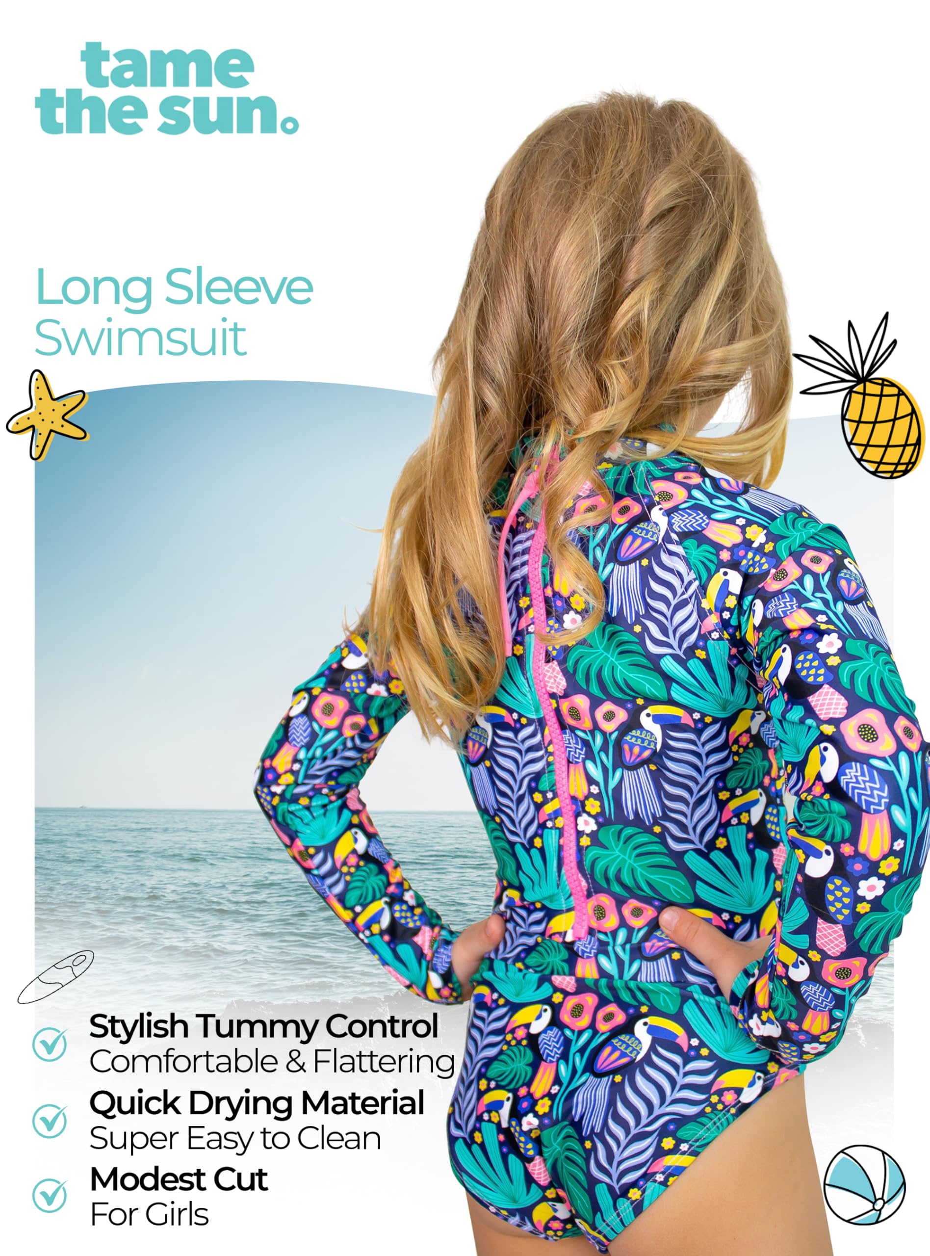 Tame the Sun Traje de baño de manga larga para niñas, traje de baño de una pieza con protección contra erupciones y cremallera UPF 50+