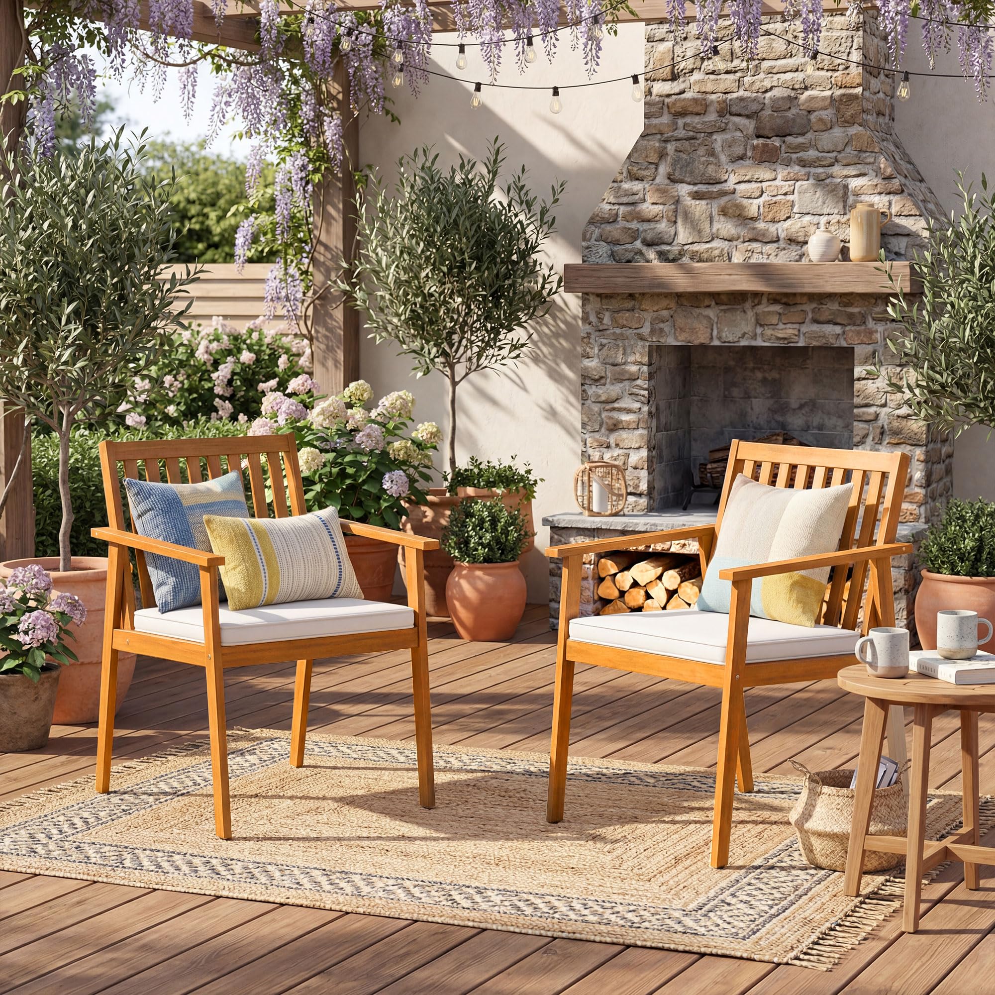 KOMFOTTEU Juego de 2 Sillas de Jardín de Madera de Acacia, Sillones de Comedor con Cojín Extraíble y Reposabrazos, Sillas Terreza Exterior Ergonómicas con Carga 180 kg (Amarillo Teca)