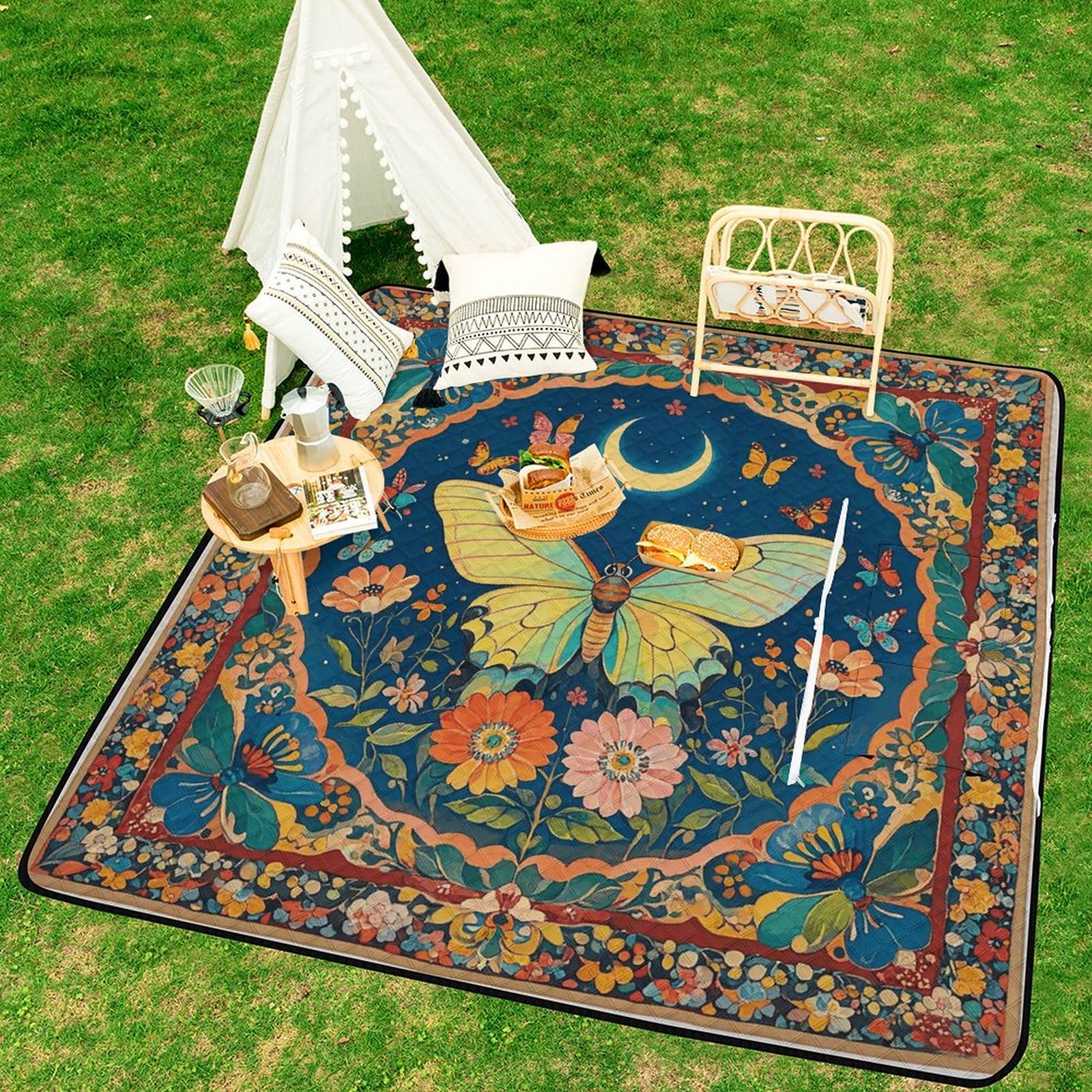 Tapisserie de pique-nique avec motif papillon et fleur, couverture imperméable avec sac fourre-tout, tapis de pique-nique pliable pour camping, plage, parc, 200 x 200 cm