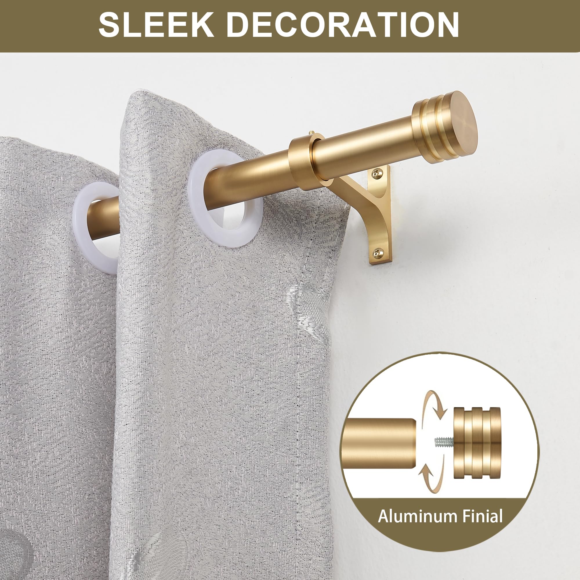Single Curtain Rods 72-144 Inches,1 inch Heavy Duty Adjustable Window Drapery Rod, Modern Round Decorative Windows Curtains Rods, Brushed Gold
