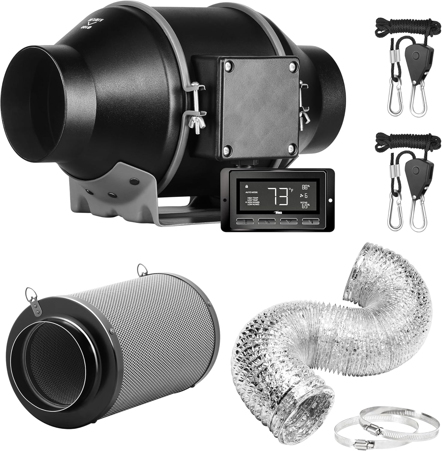 iPower 4 Inch Inline Duct Ventilation Smart Fan (Support Alexa) for Grow Tent, Black 4'' Smart Fan+Filter+Ducting+Rope