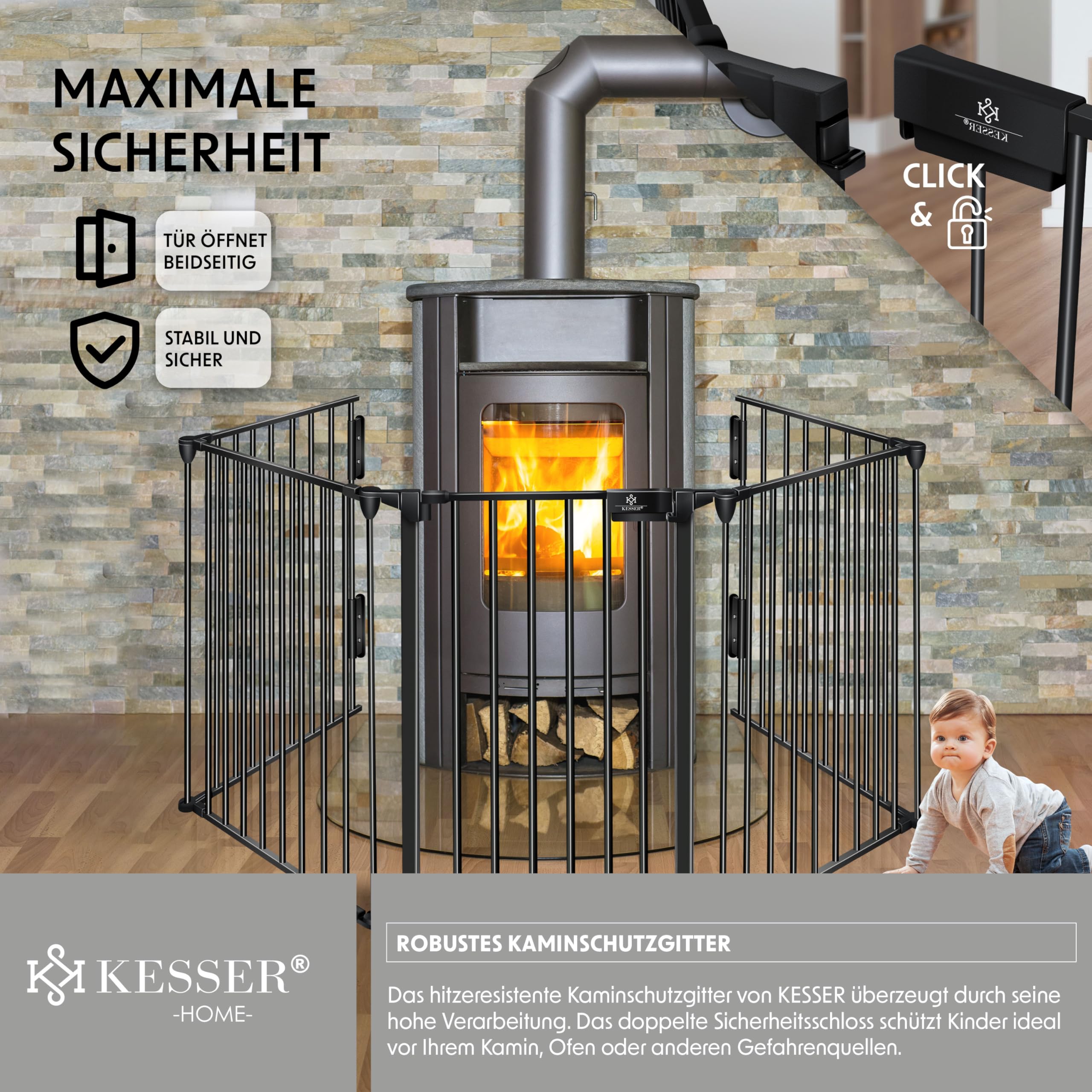 KESSER® Cancelletto di protezione per camino con porta in metallo, per sicurezza per bambini,