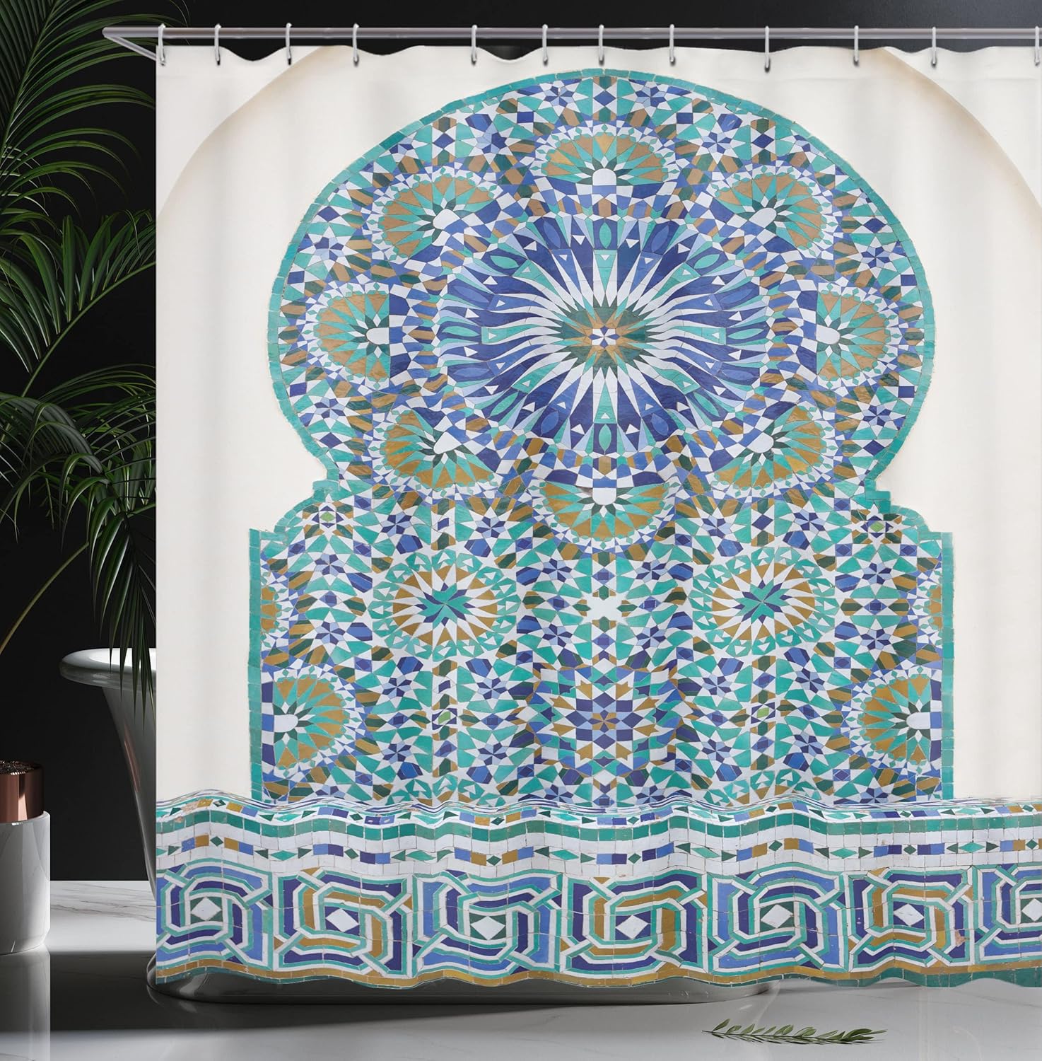 Ambesonne Moroccan Shower Curtain, Ceramic Tile Antique East Pattern Heritage Architecture Print, Cloth Fabric Bathroom Decor Set with Hooks, 69" W x 84" L, Pale Coffee Turquoise