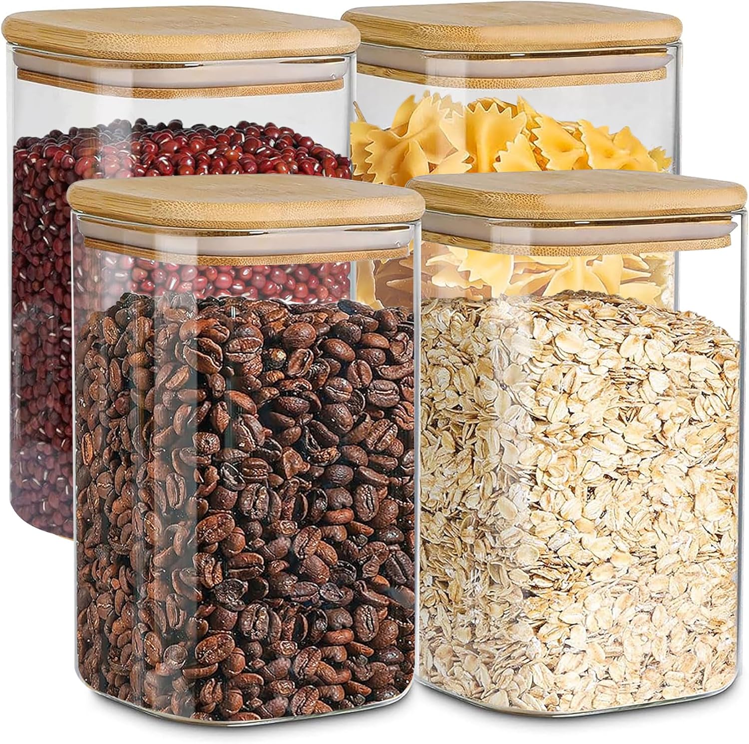 Glass Storage Containers with Airtight Bamboo Lids Set of 4,Pantry Food Storage Container,Perfect for Kitchen Organization-Flour, Rice, Pasta, Sugar, Coffee Beans, Accessories Included (4 packs(50oz))