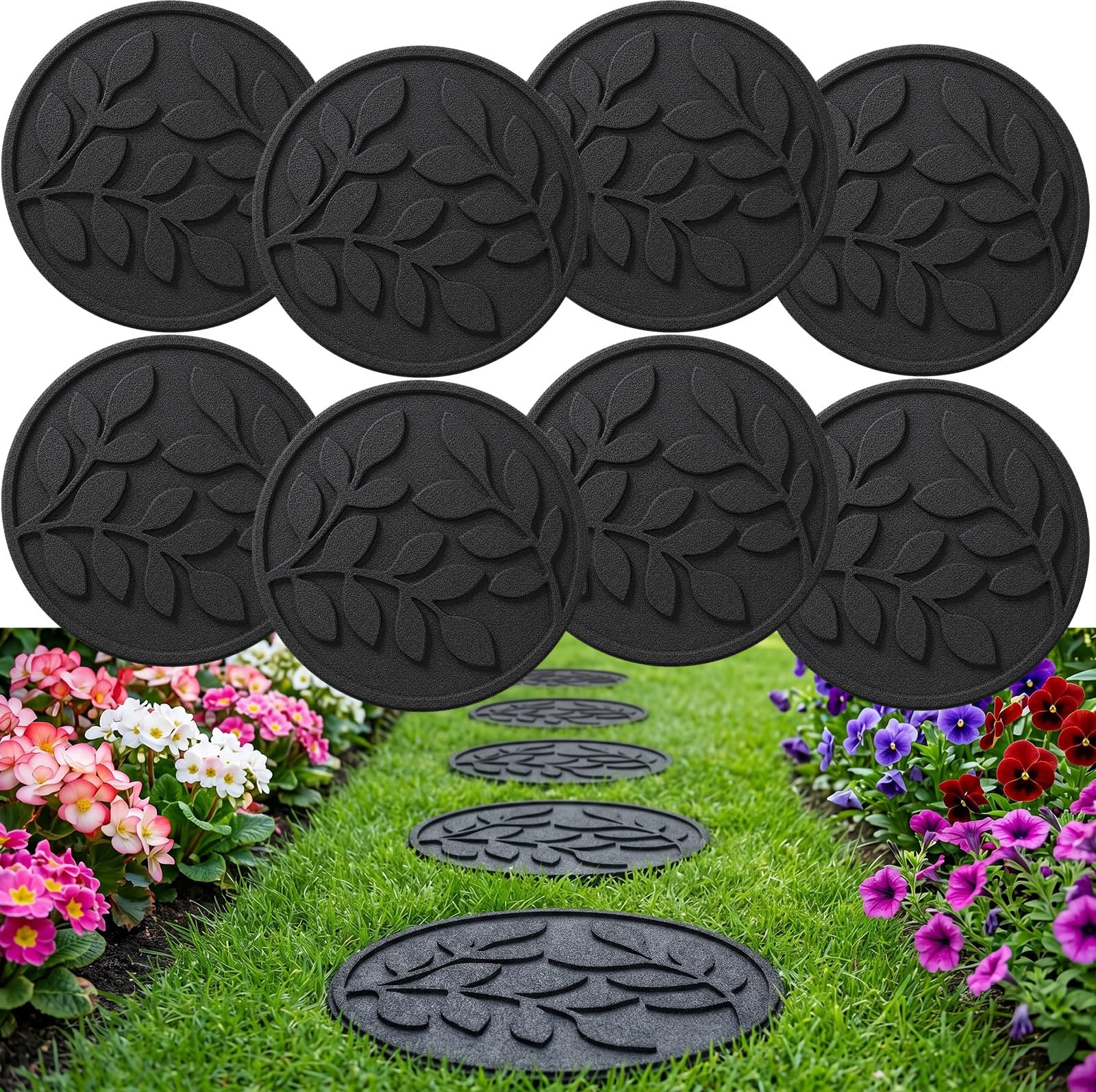Nuanchu Confezione da 8 pietre da giardino in gomma nera antiscivolo con foglie di ulivo, 43,2 cm, rotonde, da giardino, in gomma riciclata, per vialetti di casa, vialetti paesaggistici