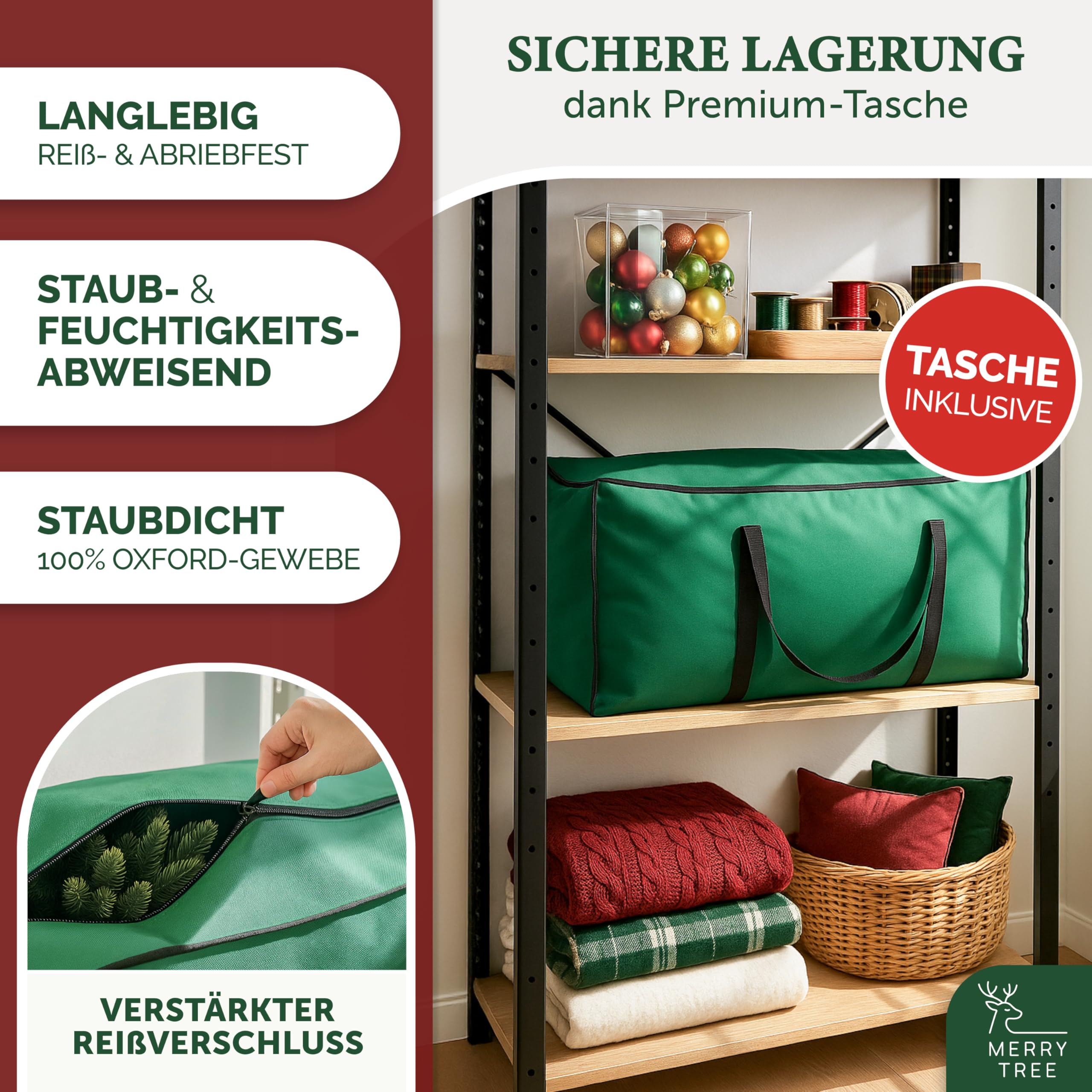 MerryTree Luxus künstlicher Weihnachtsbaum 180 cm - großer Weihnachtsbaum Spritzguss - naturgetreue PE-Nadeln + Holzfuß massiv - schwer entflammbar - Tannenbaum künstlich - Nordmanntanne