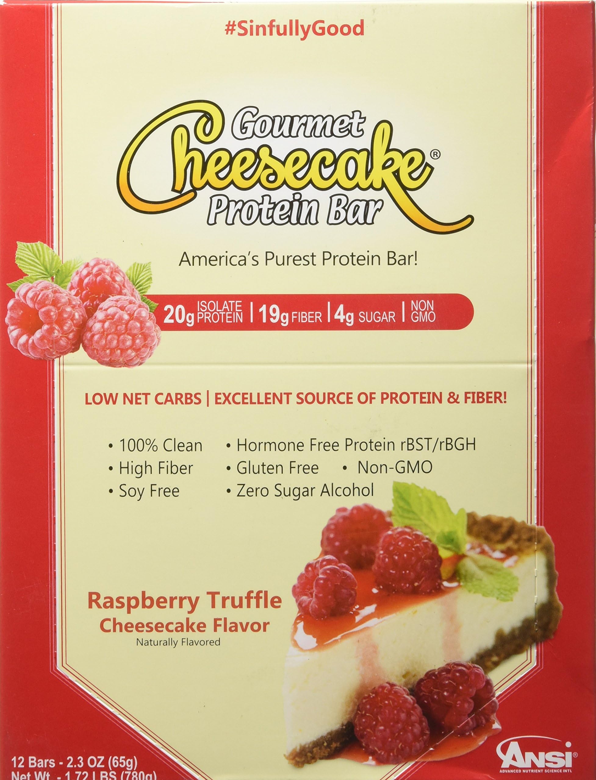 Ansi Gourmet Cheesecake Protein Bar, Raspberry Truffle, 12 Count
