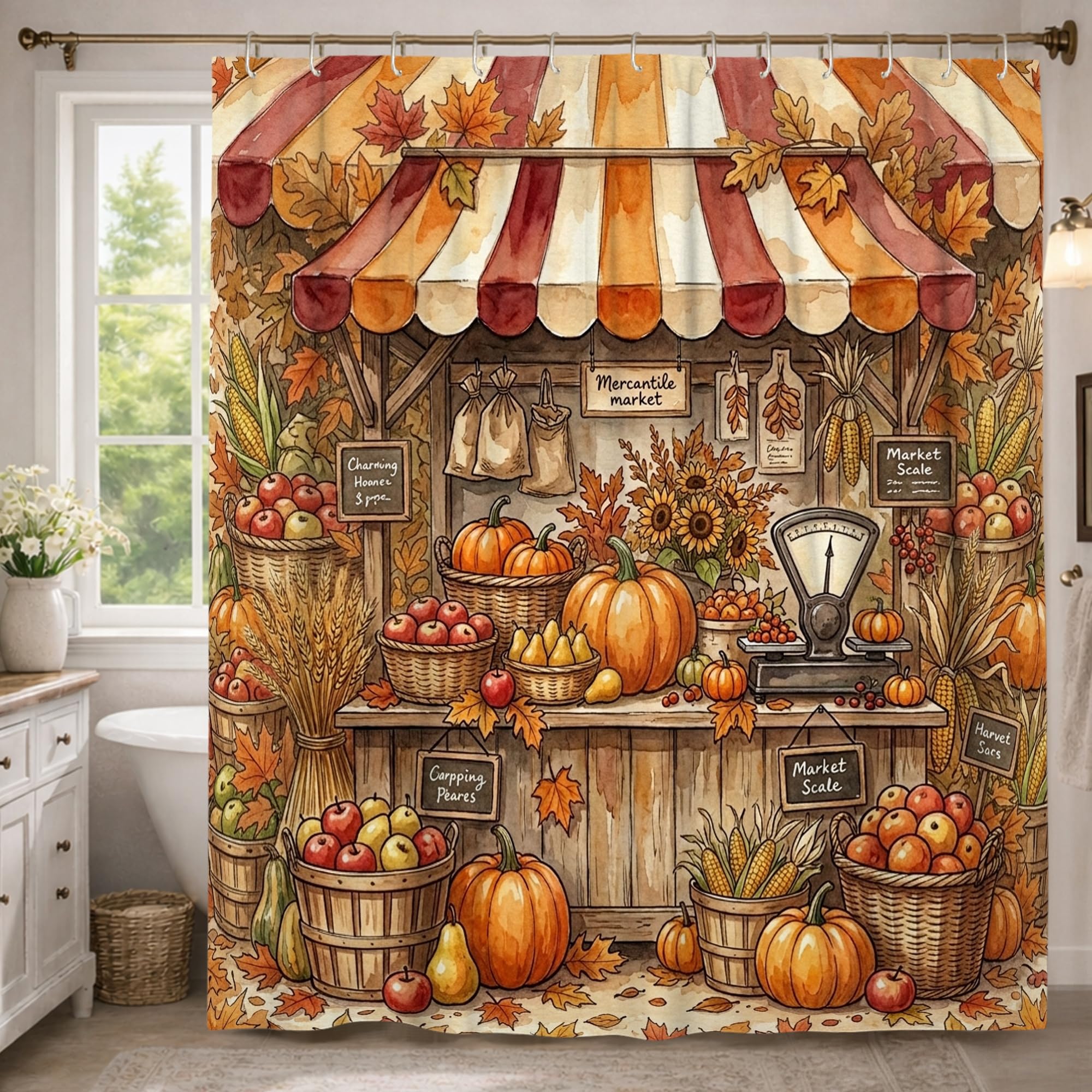 Rideau de douche extra long 183x243 cm en toile de citrouilles rustique lavable avec crochets