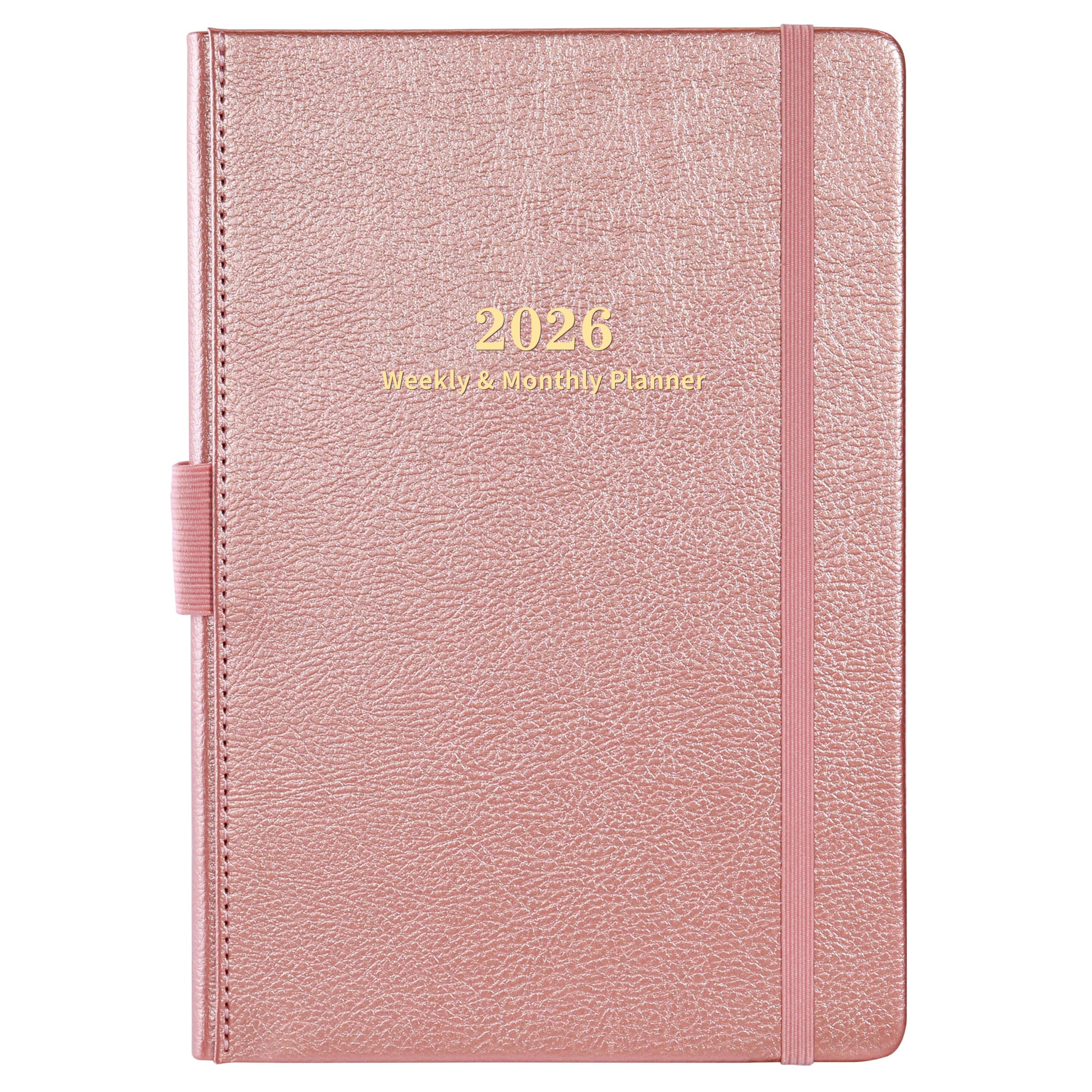 Planner 2026 Weekly and Monthly with Stickers, 5.7" X 8.2", Jan 2026 - Dec 2026, 2026 Calendar Planner, Pen Holder, Inner Pocket, 44 Notes Pages - Rose Gold