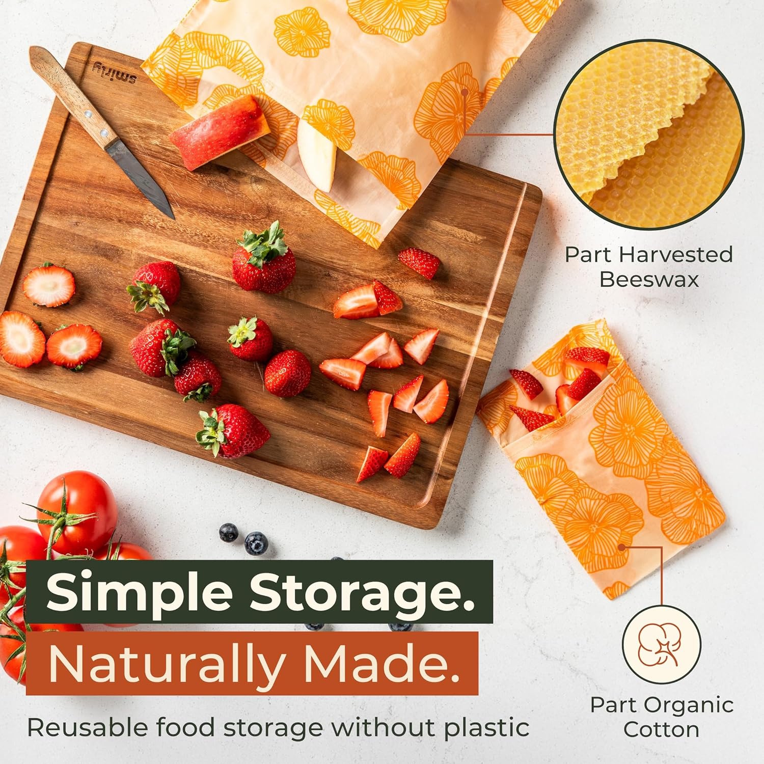 Reusable Beeswax Food Storage Bags – 8 Pack (2 Large, 2 Medium, 4 Small) | Natural Alternative to Plastic | Organic Cotton, Beeswax, Jojoba Oil