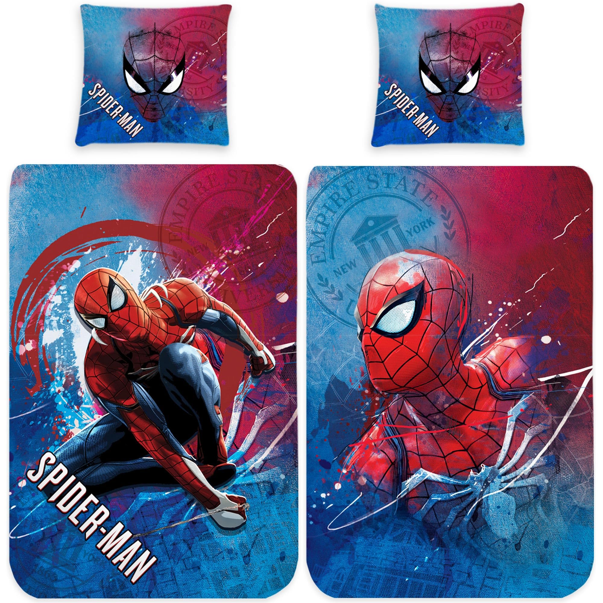 BERONAGE Spider Man Kinder-Bettwäsche New York 135 x 200 cm + 80 x 80 cm 100% Baumwolle in Renforcé-Linon-Qualität Spiderman Marvel Avengers Endgame Bettzeug Bettbezug deutsche Größe Reißverschluss