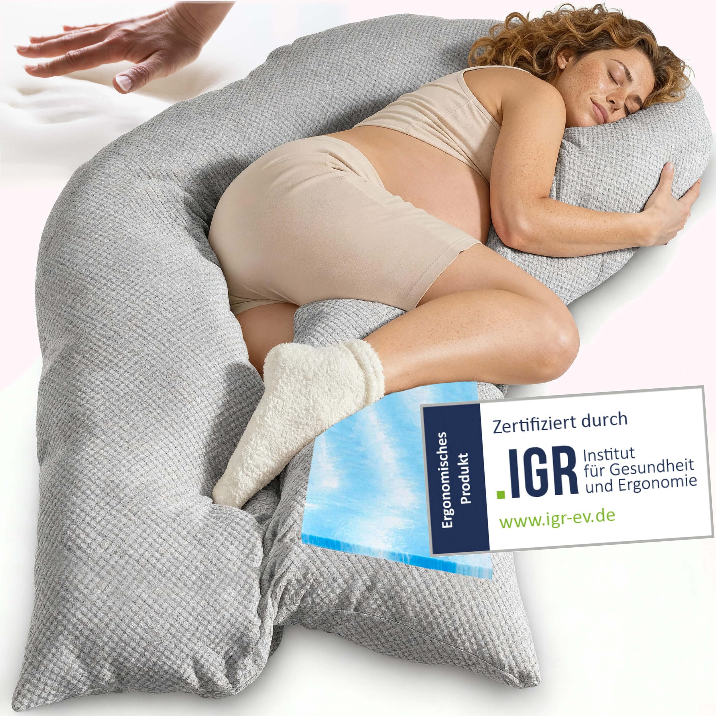 Traumreiter Schwangerschaftskissen Visco XXL langes Wendekissen Memory Foam [orthopädisch] + Watte | Schwangerschaft Kissen zum Schlafen, Stillkissen Schwanger mit Bezug Silber, Ergonomie Zertifiziert