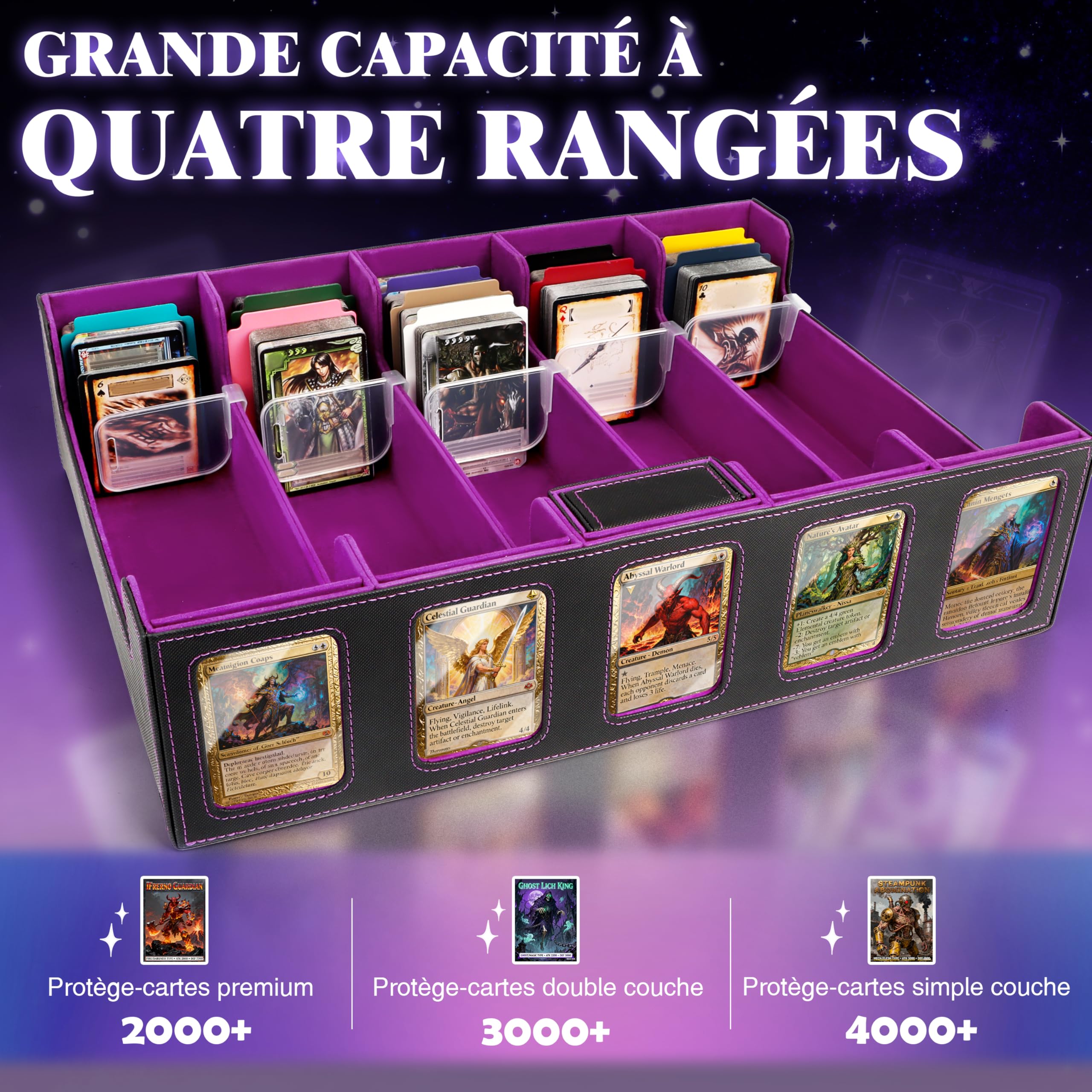 Charmofun Boîte Rangement Carte, Boîte à Cartes pour Plus de 3000+ Cartes Avec 10 Séparateurs, 5 Blocage et Plateau à Dés, Boîte à Rabat Magnétique avec Cuir Pu et Poignée