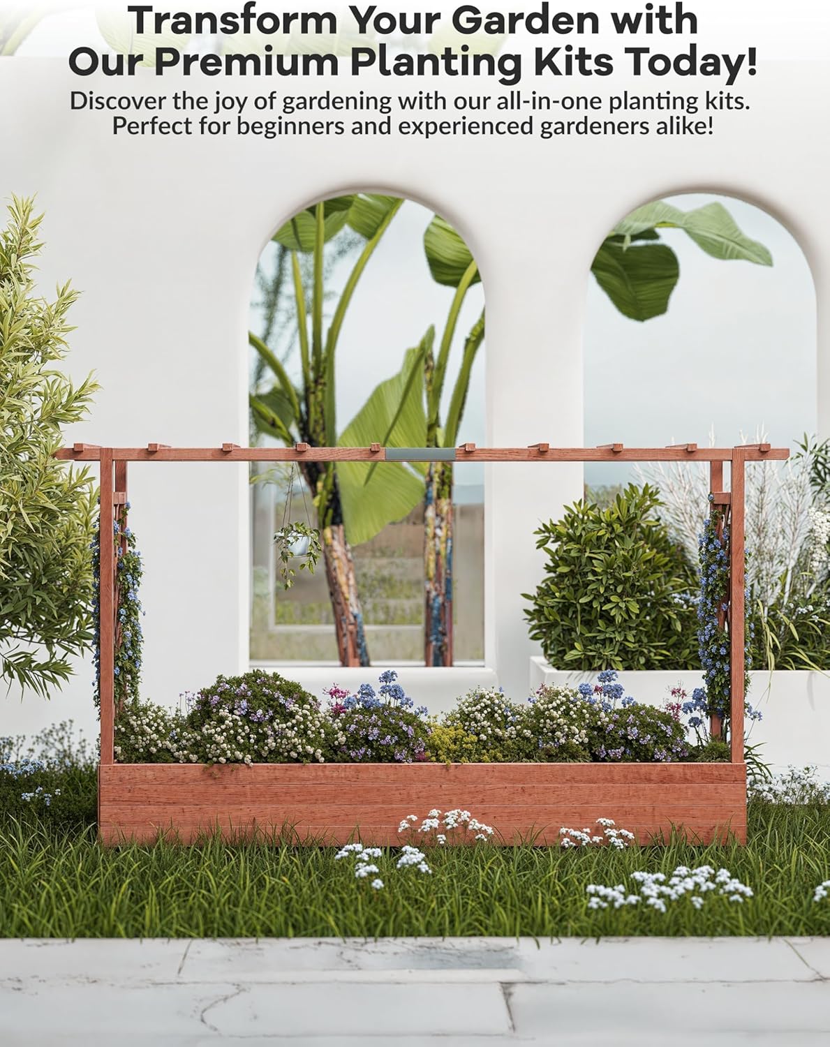 GarveeLife Raised Garden Bed with Trellis, 45 in Wood Planter Box with Side Trellis, Hanging Roof, and 4 Drainage Holes, Freestanding Elevated Garden Bed for Climbing Plants, Vines, Flowers