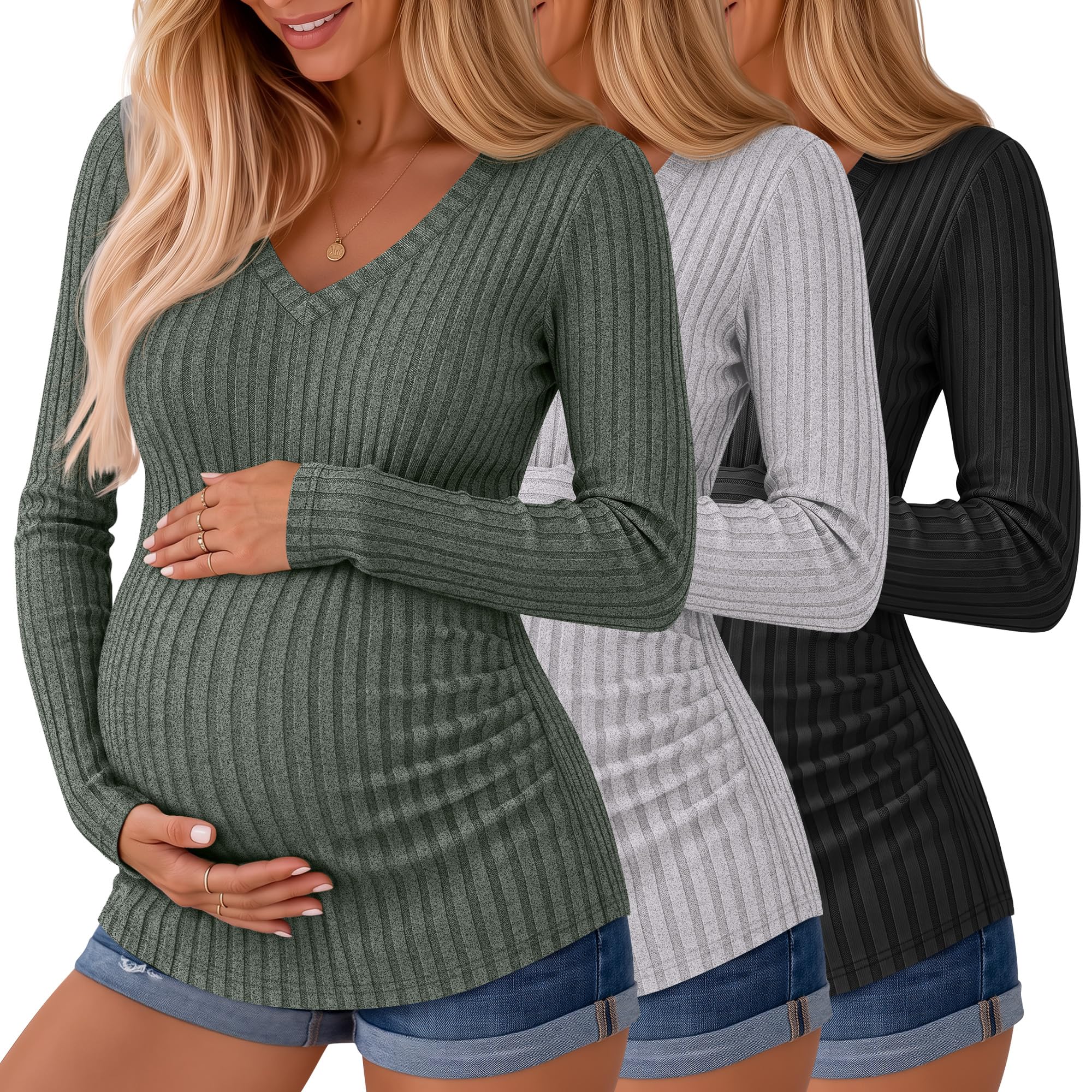 Ficerd 3 Pack Women Maternity Ribbed Long Sleeve Sweater Shirts