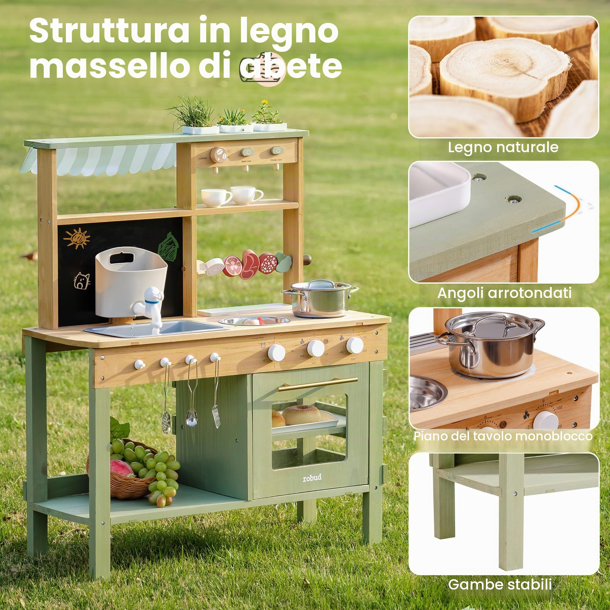 ROBUD Cucina in legno per bambini, 17 pezzi di cucina finta con lavello, lavagna e accessori da cucina, cucina giocattolo all'aperto per barbecue, set di giochi educativi per bambini dai 3 anni in su