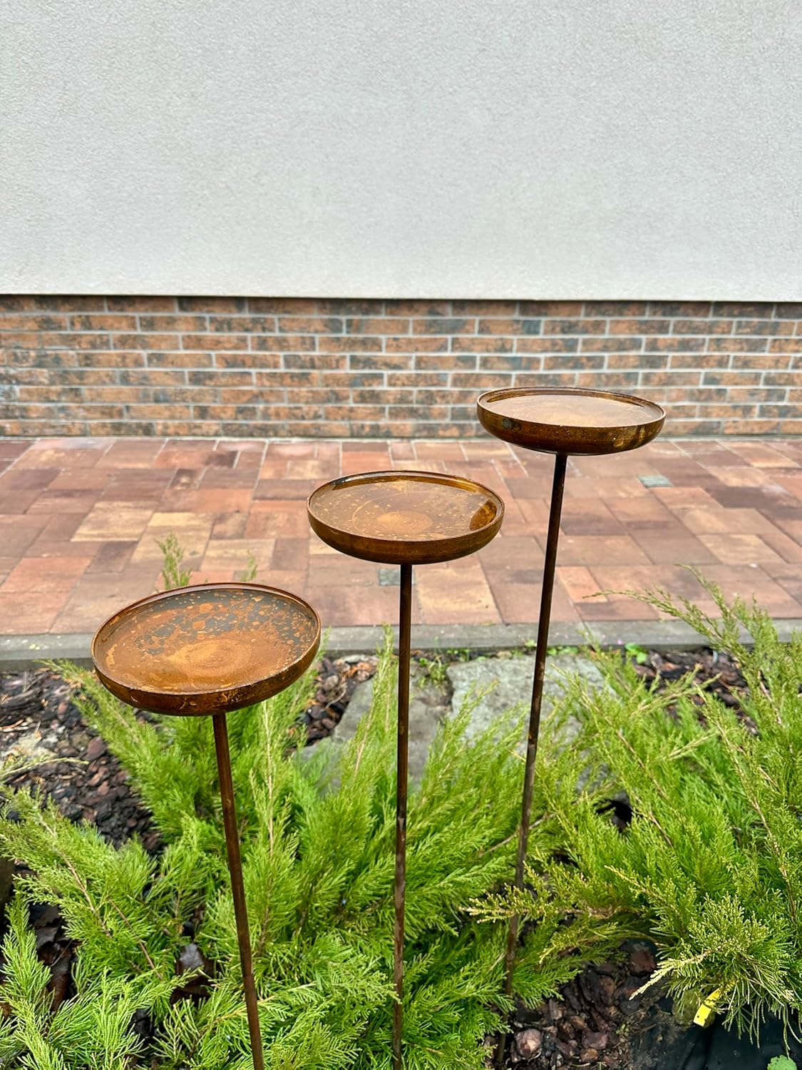 Bird Bath Outdoor Garden Decor, Rusty Flower Garden Stakes, Set of Three 6” Bird Feeders, Metal Water Bowl, Yard Art, Rustic Garden Accent