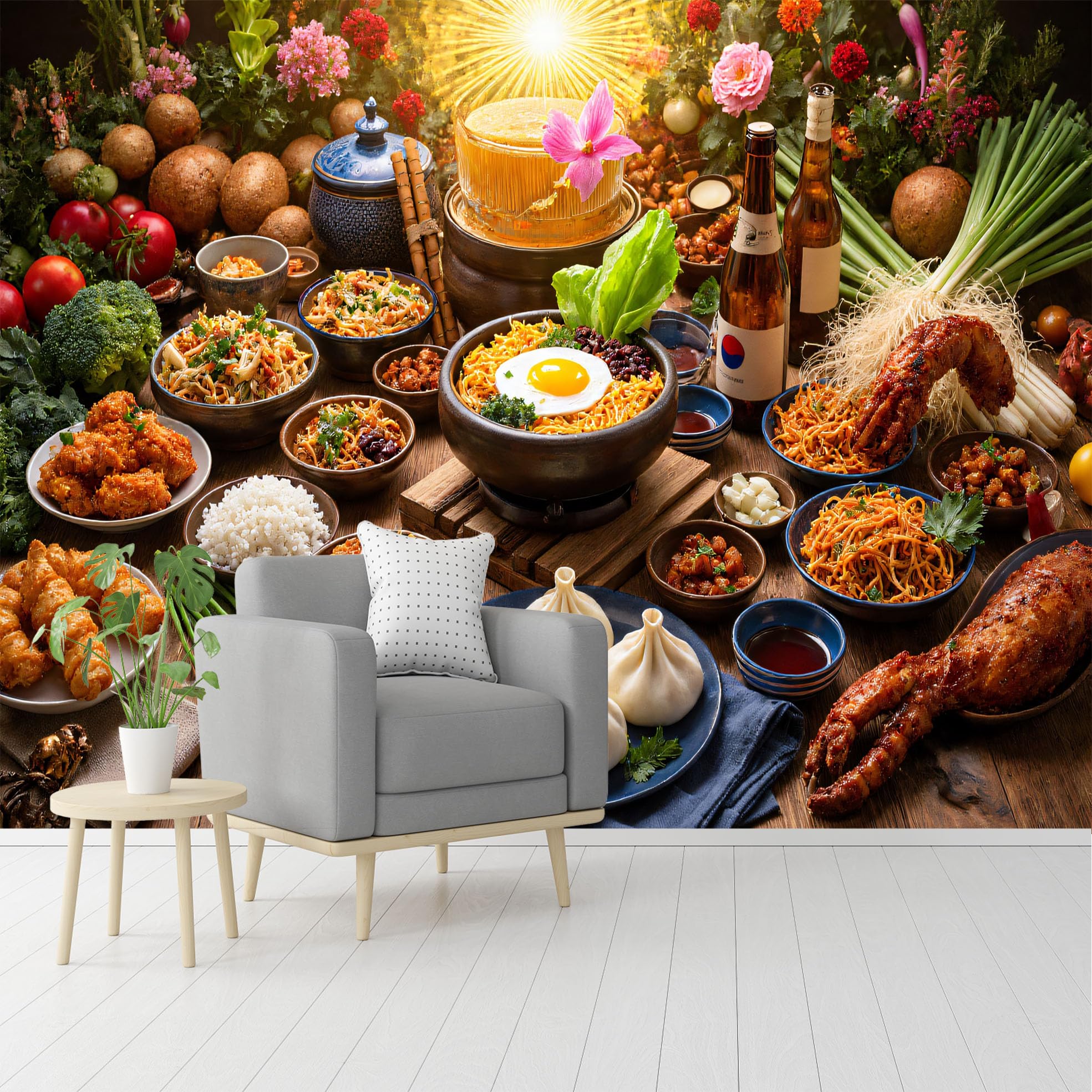 Custom Size Wall Murals, Korean Cuisine Feast, Bibimbap, Mandu & Jajangmyeon, Self-Adhesive Removable Peel and Stick Wallpaper, for Living Room, Bedroom, Shop, Office, Kids