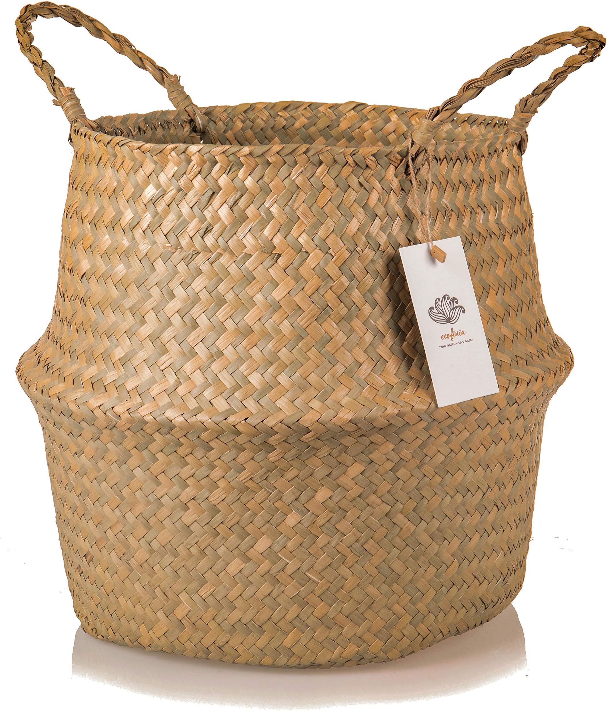 Seagrass Belly Basket with Handles – 12.6"x11" - 100% Hand Woven from Sustainably Grown Seaweed – Decorative Basket for Living Room and Bedroom and for Storage of Blankets, Laundry and Toys