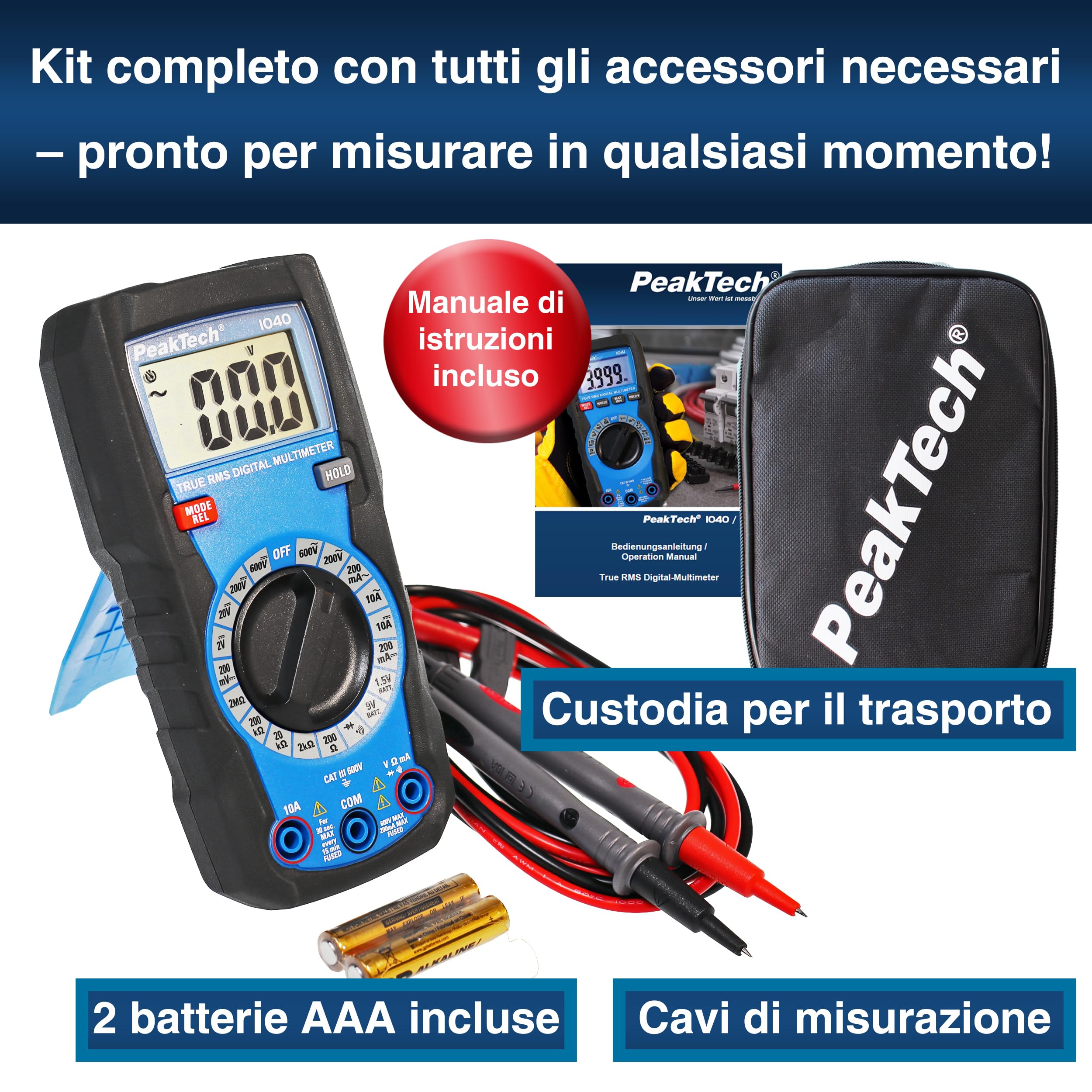 PeakTech P 1040 - Multimetro Digitale Compatto TRMS 2.000 Conti, Tester per Tensione, Corrente, Resistenza, Capacità e Continuità, 600V - CAT III, Nero