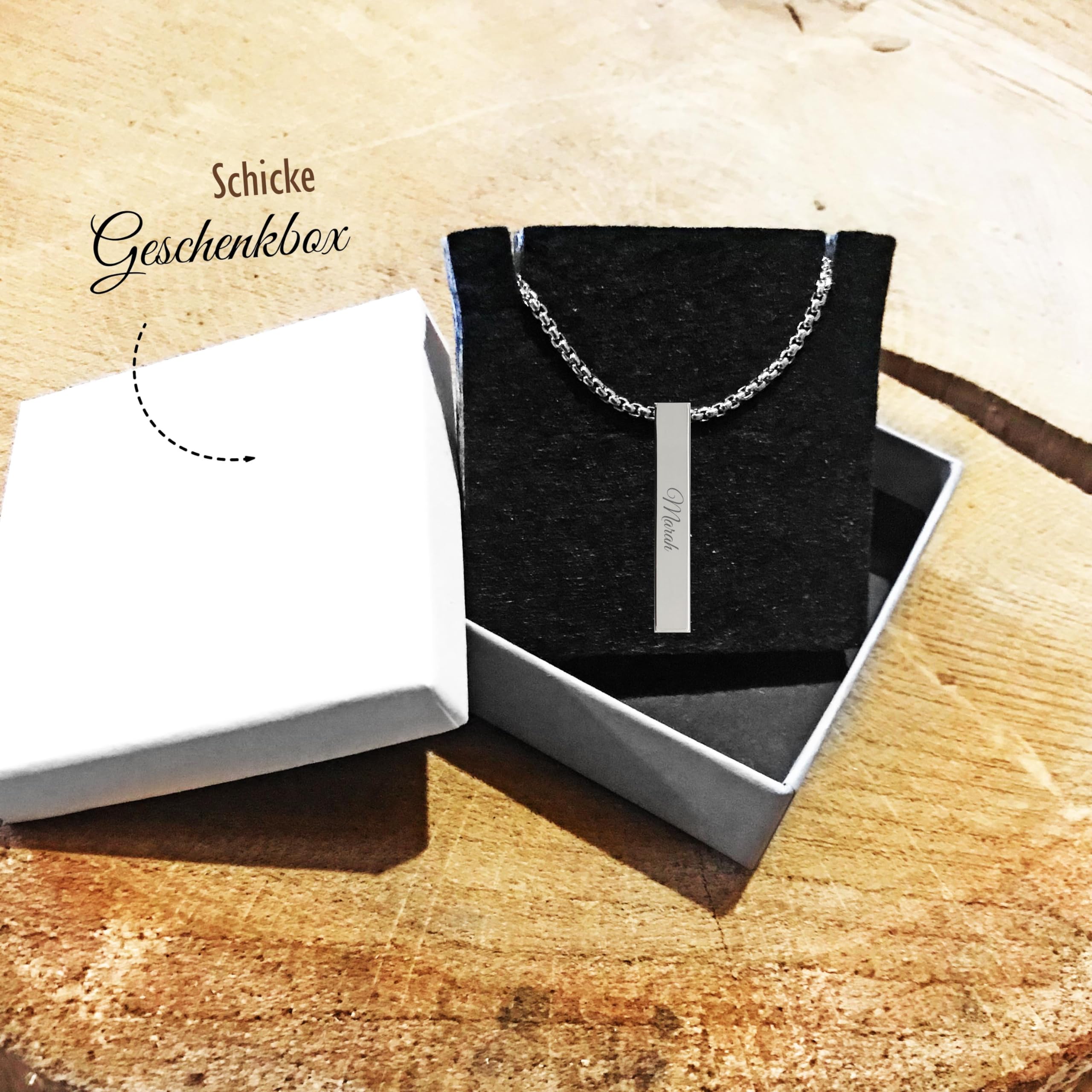 Stabanhänger mit Kette und personalisierter Gravur, Namen und Datum / Namenskette personalisiert mit Wunschgravur in Silber / Gold / Rosegold für Damen Frauen Herren / Halskette als personalisierte Geschenke